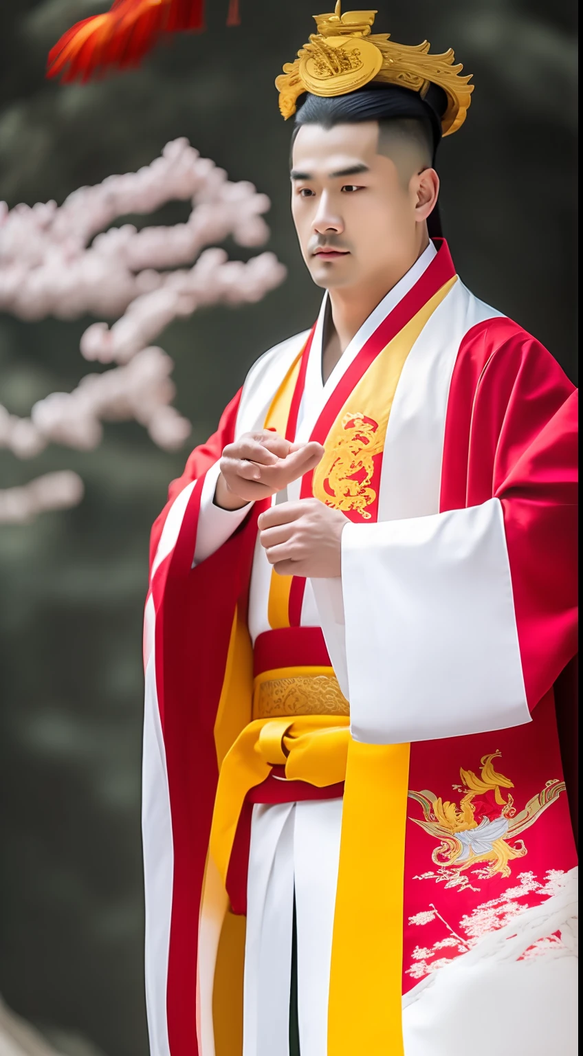 Masterpiece, Highest quality, (solofocus),, (High detail: 1.1),dojo,Red and yellow robes,The male, Man, chinese crown, 1人,and white hair,超高分辨率 , Detailed background, realisticlying, wearing a detailed and intricate xianxia antique outfit