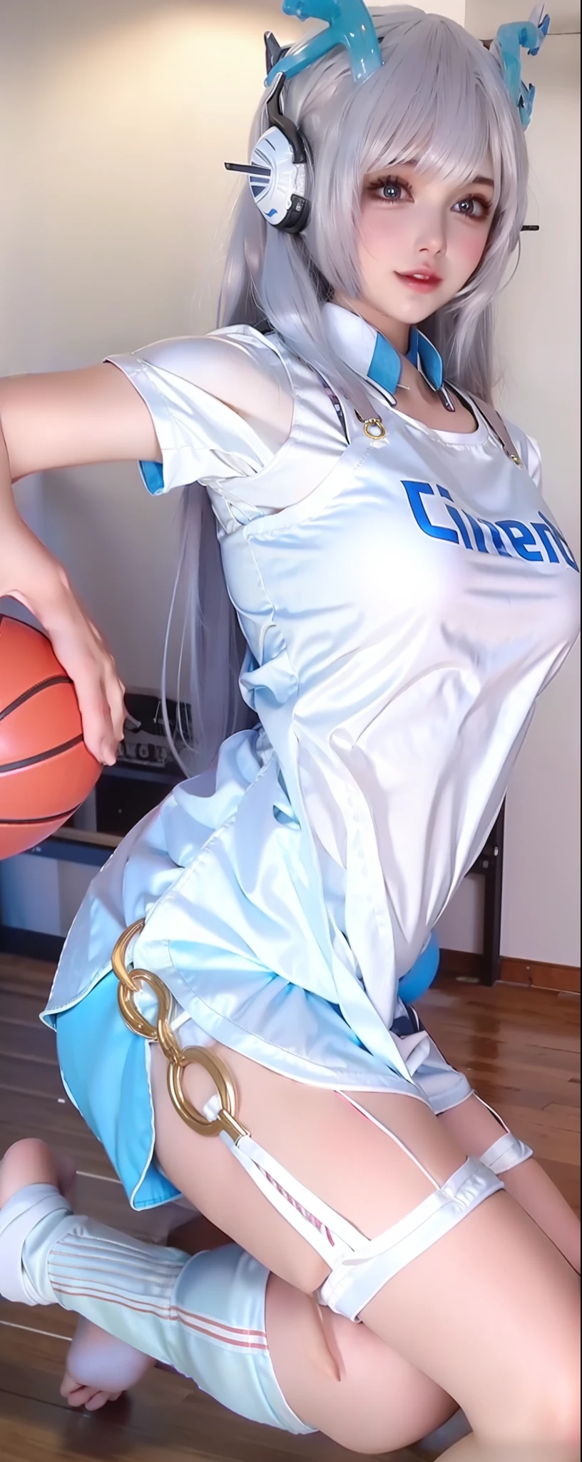 (Girl in size 10 shirt)|(1 girl in a size 10 shirt:1.5),jumpping,Violent buckle,(Basketball basket:1.2),Perfect muscle lines,The perfect portrayal of sweat distribution,Bright ceilings