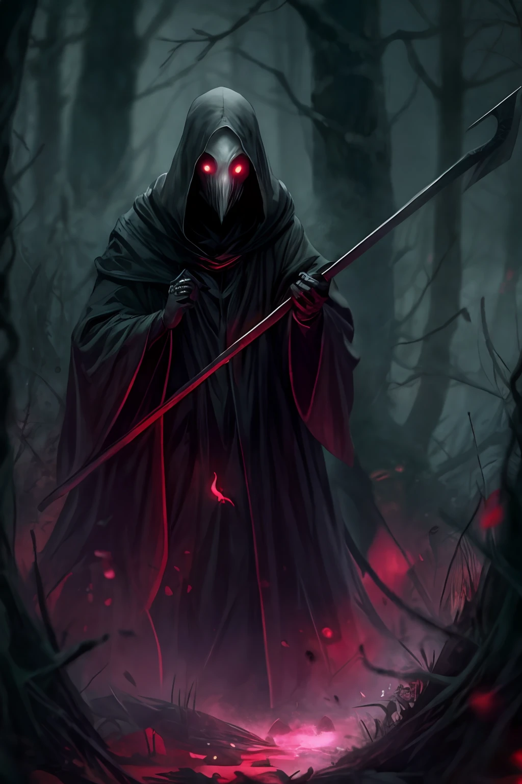In the foggy forest at night line cultists or Grim Reaper with scythes，They wore black robes and hoods，No face to see，In the distance lies corpses，Above the corpse floated a translucent ghost，Red edge light，luminous red eyes，Scary gloomy atmosphere，Evoke fear，SENSE OF CINEMA，best qualtiy, highest details, hyper HD,