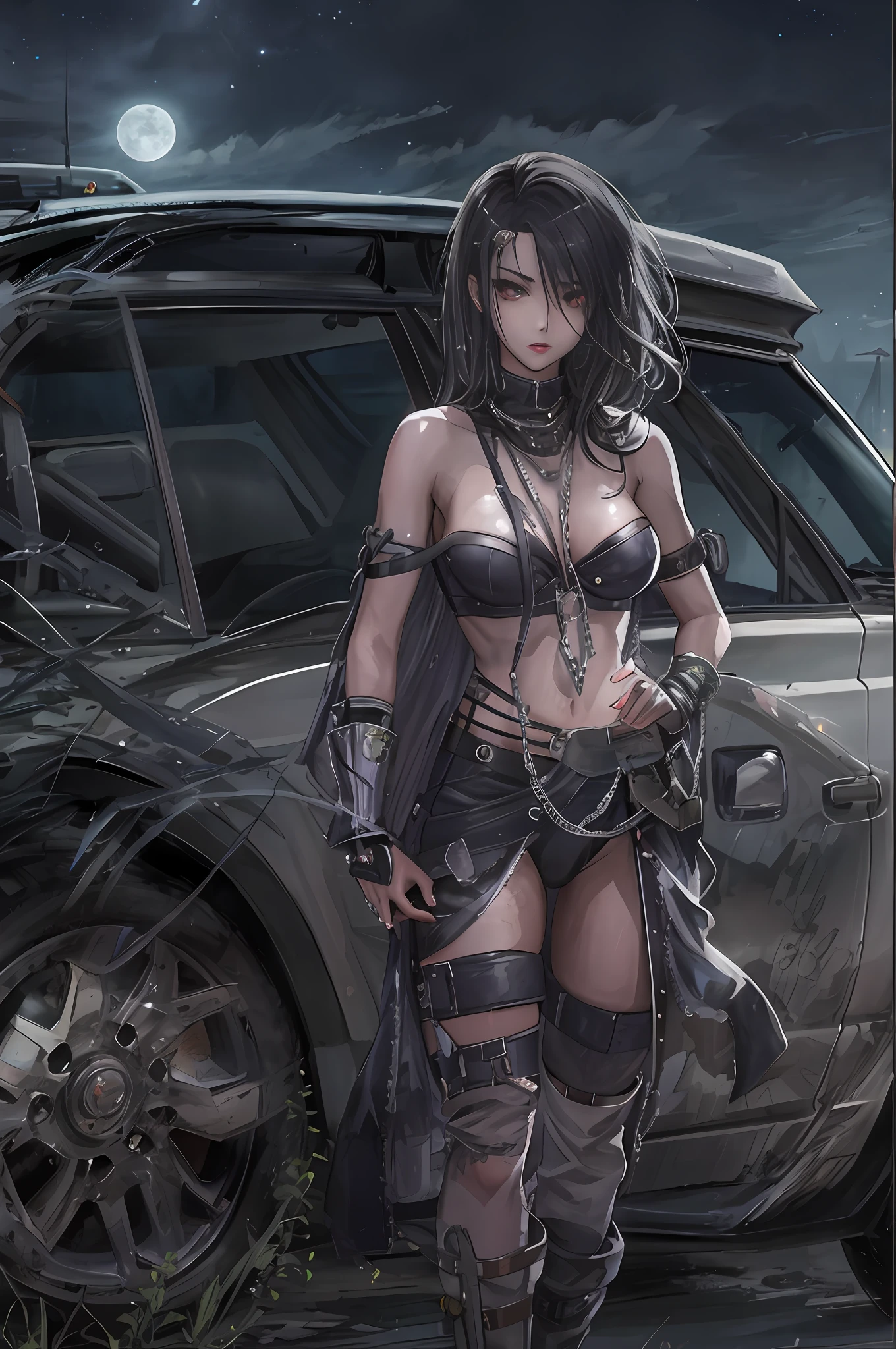 Anime style, post-apocalyptic warrior, female, brunette, lithe, nubile, chrome aesthetic, wearing silver chains, scantily clad, an evil car in the background, black car, chrome trimming, night, moon light,