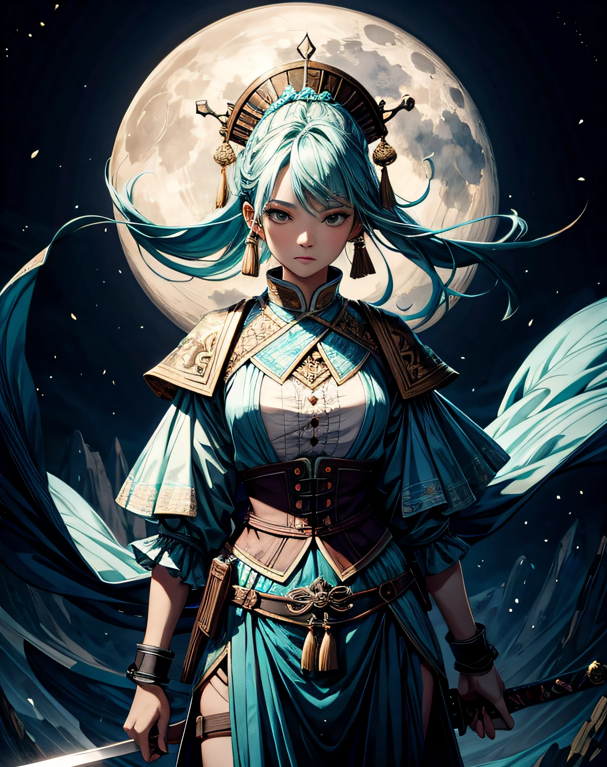 masterpiece chinese watercolor and ink painting, 1girl holding a sword in front of the full big moon. by rembrandt and artstation trending, 8k, highly detailed, turquoise rustic color scheme, detailed, atmospheric light, cinematic, epic, highly detailed, hd, digital painting, deviant art, concept art, smooth, sharp