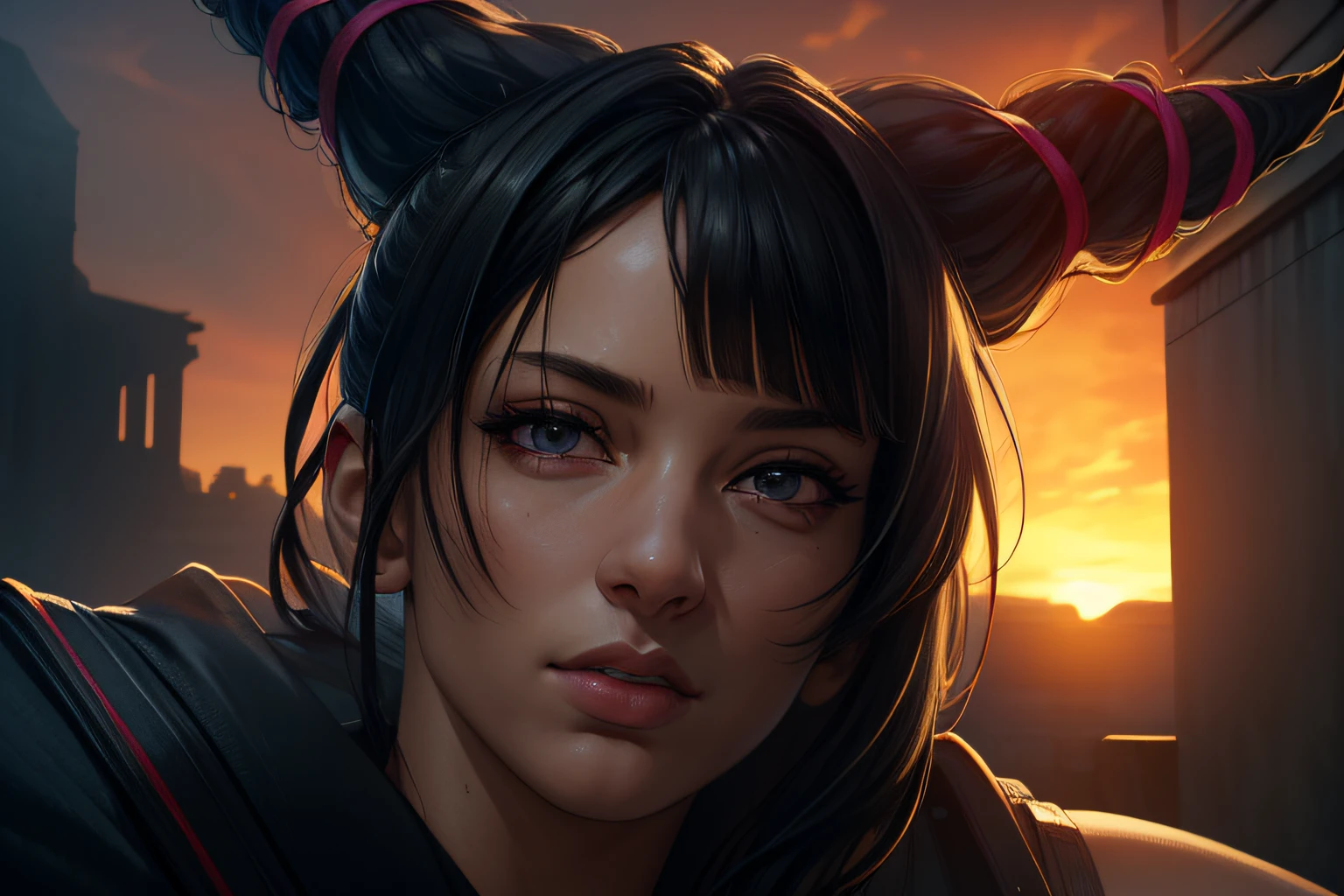 masterpiece, best quality, 4k resolution, outdoors, official, photograph, portrait, from the side, (realistic, ultrarealism,  photo-realism:1.4),  detailed background, detailed face, detailed eyes, looking at viewer, nighttime, sunset, JuriMS , sfiv, hair horns, white baggy pants,  bangs,  soft lighting, resting