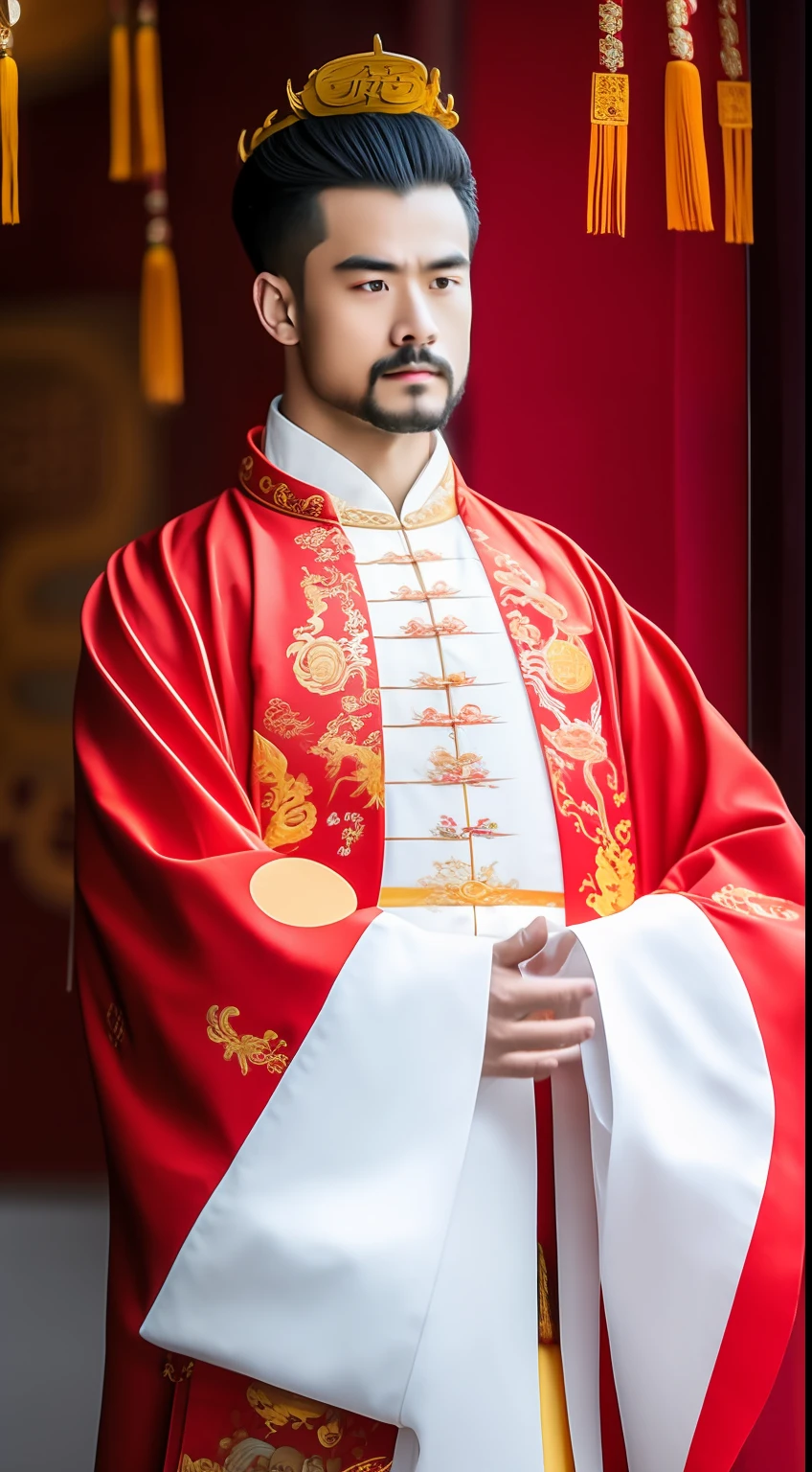 Masterpiece, Highest quality, (solofocus),, (High detail: 1.1),dojo，Red and yellow robes，The male， Man, chinese crown, 1人,and white hair,超高分辨率 , Detailed background, realisticlying, wearing a detailed and intricate xianxia antique outfit