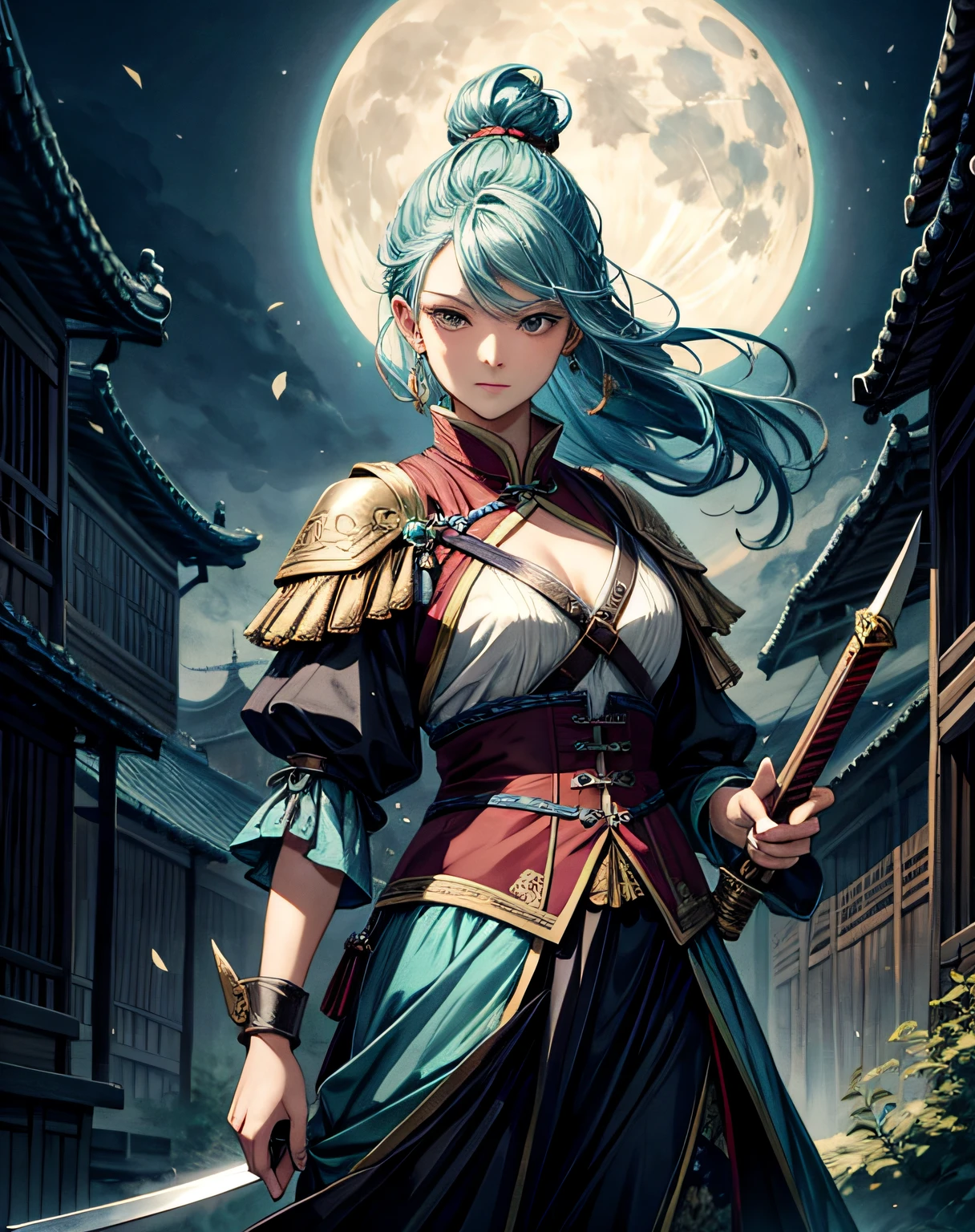 masterpiece chinese watercolor and ink painting, 1girl holding a sword in front of the full big moon. by rembrandt and artstation trending, 8k, highly detailed, turquoise rustic color scheme, detailed, atmospheric light, cinematic, epic, highly detailed, hd, digital painting, deviant art, concept art, smooth, sharp