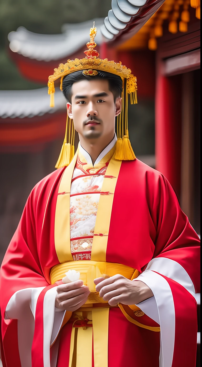 Masterpiece, Highest quality, (solofocus),, (High detail: 1.1),dojo，Red and yellow robes，The male， Man, chinese crown, 1人,and white hair,超高分辨率 , Detailed background, realisticlying, wearing a detailed and intricate xianxia antique outfit