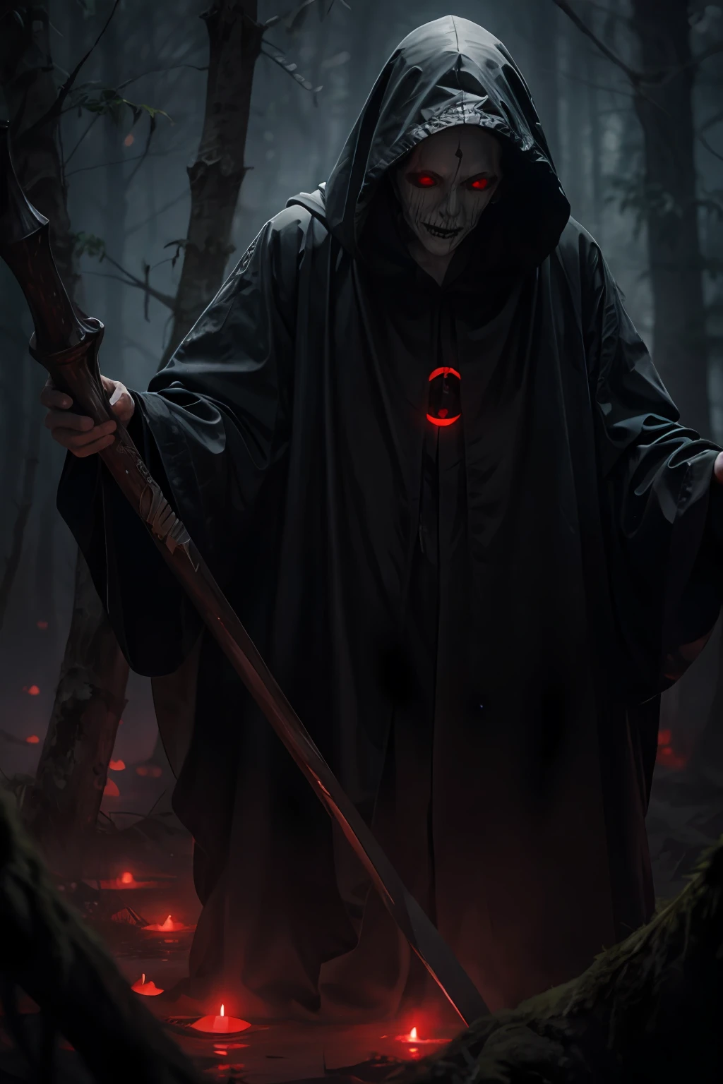 In the foggy forest at night line cultists or Grim Reaper with scythes，They wore black robes and hoods，No face to see，In the distance lies corpses，Above the corpse floated a translucent ghost，Red edge light，luminous red eyes，Scary gloomy atmosphere，Evoke fear，SENSE OF CINEMA，best qualtiy, highest details, hyper HD,