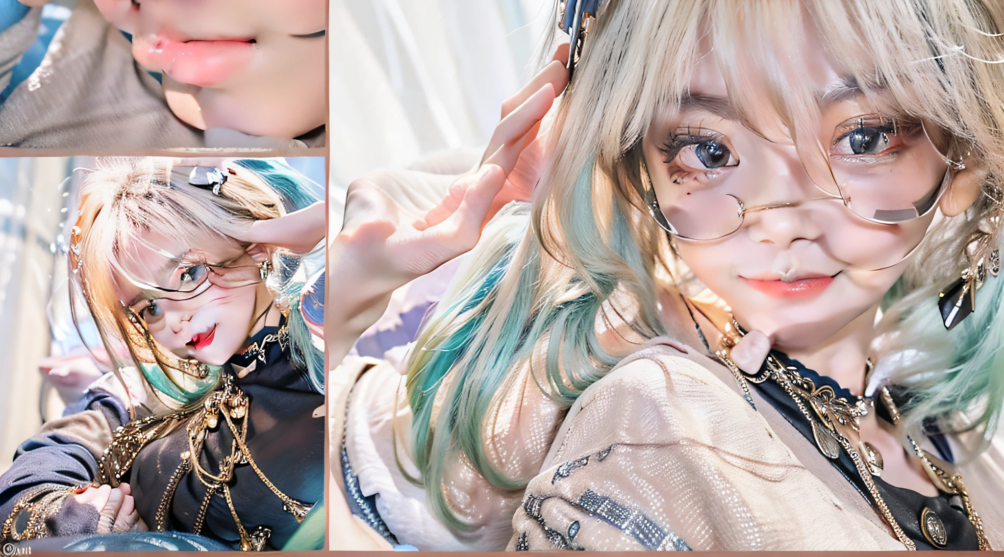 longeyelashes, light smile, Collar, Kizi, Look at the camera, grievance, aqua eyes, jewelry, bell, over-rim eyewear, anchor choker, mole under eye, saliva trail, light blush, black see-through shirt, high detail, Verism, Fujicolor, f/1.8, modern, first-person view, 8k, super detail, ccurate, best quality, UHD, textured skin, masterpiece, highres, 8k, high quality