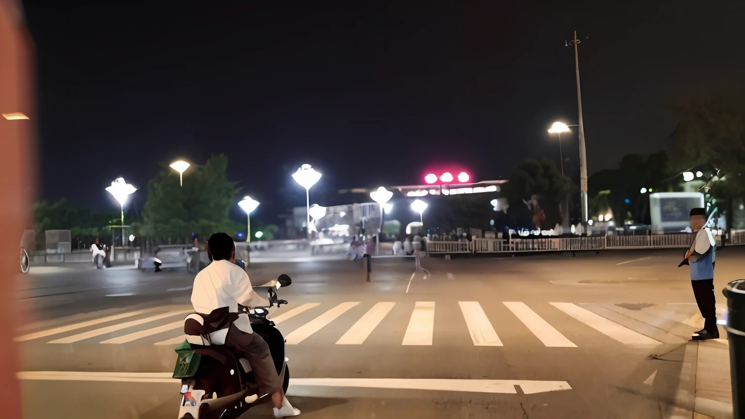 At night there was a man riding a tram on the street， calm evening. taken in the night, Tiananmen square, one motorbike in center of frame, during night, night shot, during night, airport, night photo, baotou china, At night, in the night time, In the middle of the city, it's night time
