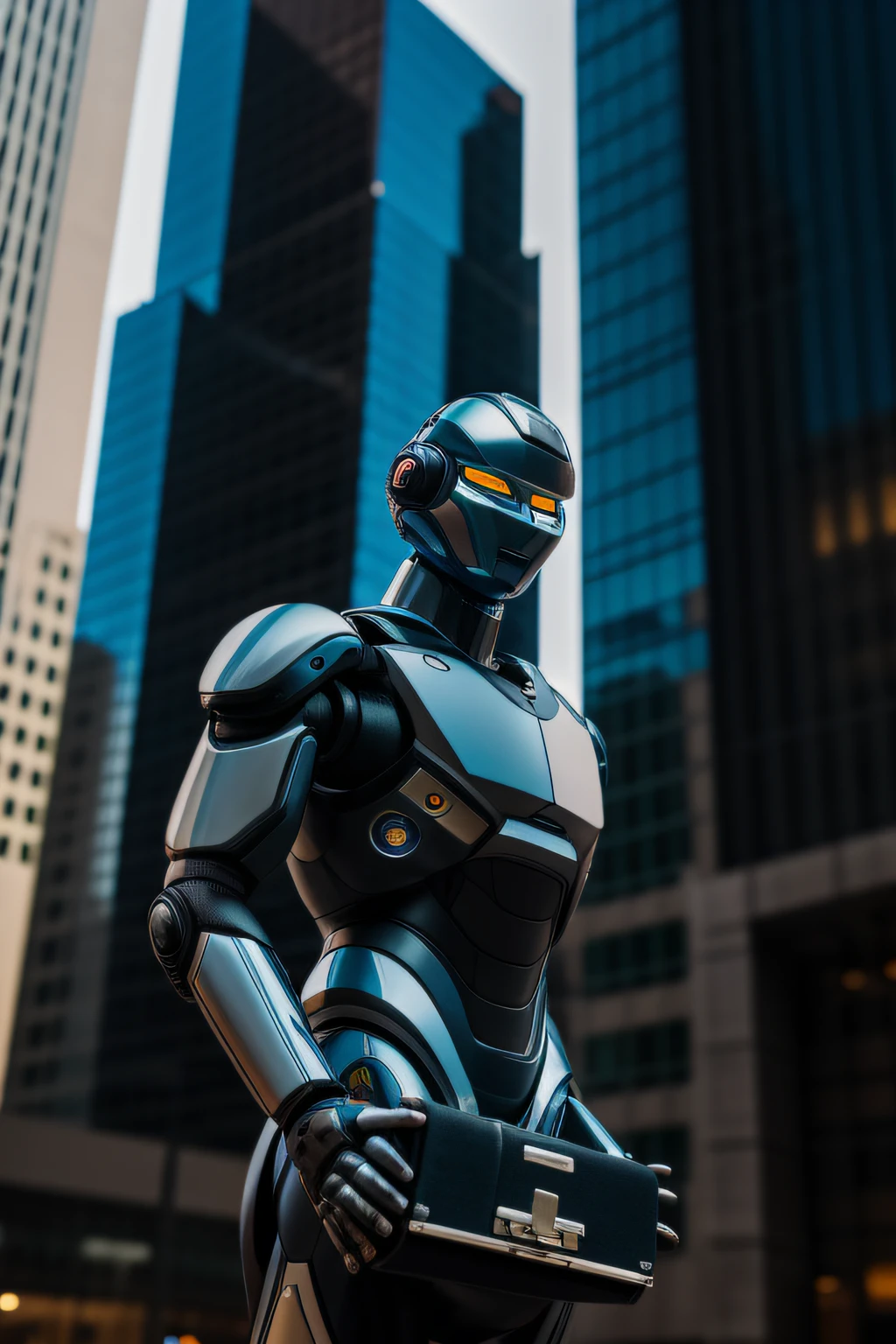 Humanoid robot AI close-up of with holding briefcase against blurry skyscraper background, shot with Sony Alpha a9 II and SONY FE 35MM F/1.4 GM lens, natural ligh, hyper realistic photograph, ultra detailed