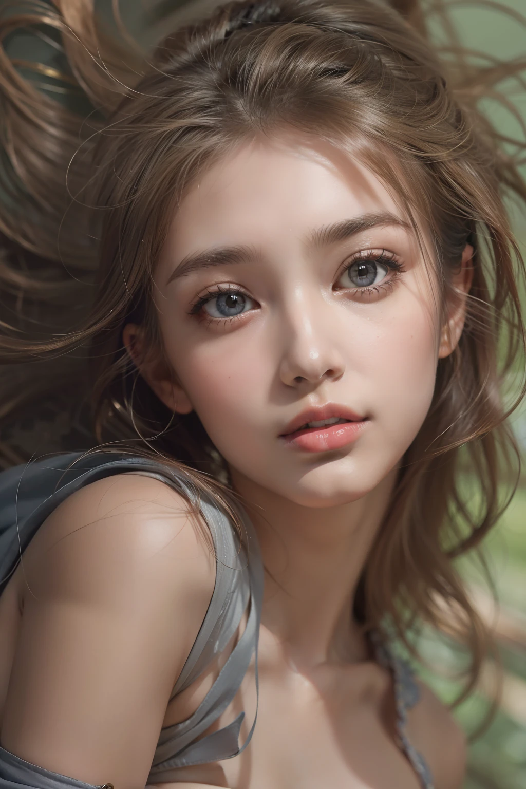 (masterpiece:1.6, best quality), (finely detailed beautiful eyes: 1.2), (Overhead view), high quality, beautiful face, 1 young girl , wide shot, naked,