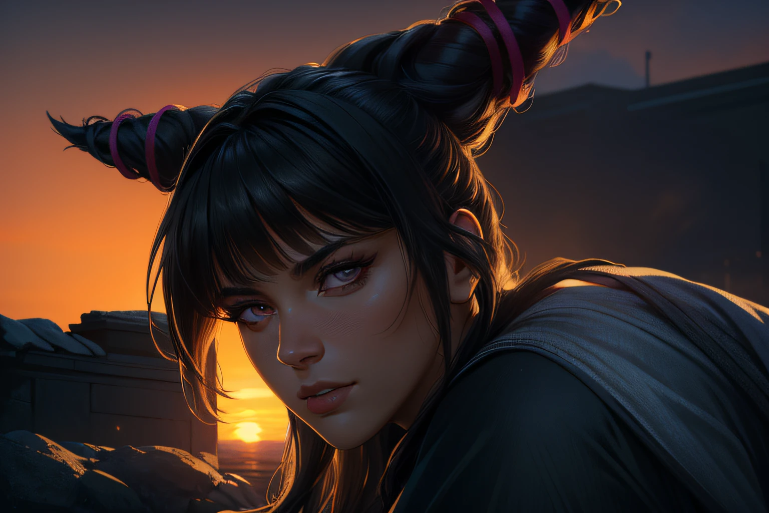 masterpiece, best quality, 4k resolution, outdoors, official, photograph, portrait, from the side, (realistic, ultrarealism,  photo-realism:1.4),  detailed background, detailed face, detailed eyes, looking at viewer, nighttime, sunset, JuriMS , sfiv, hair horns, white baggy pants,  bangs,  soft lighting, resting