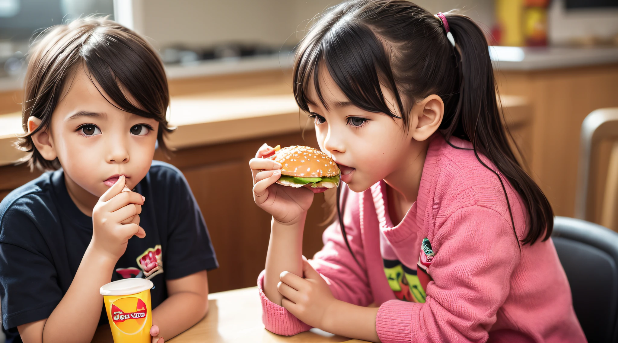 KIDS EATING HAMBURGER MAC DONALDS.