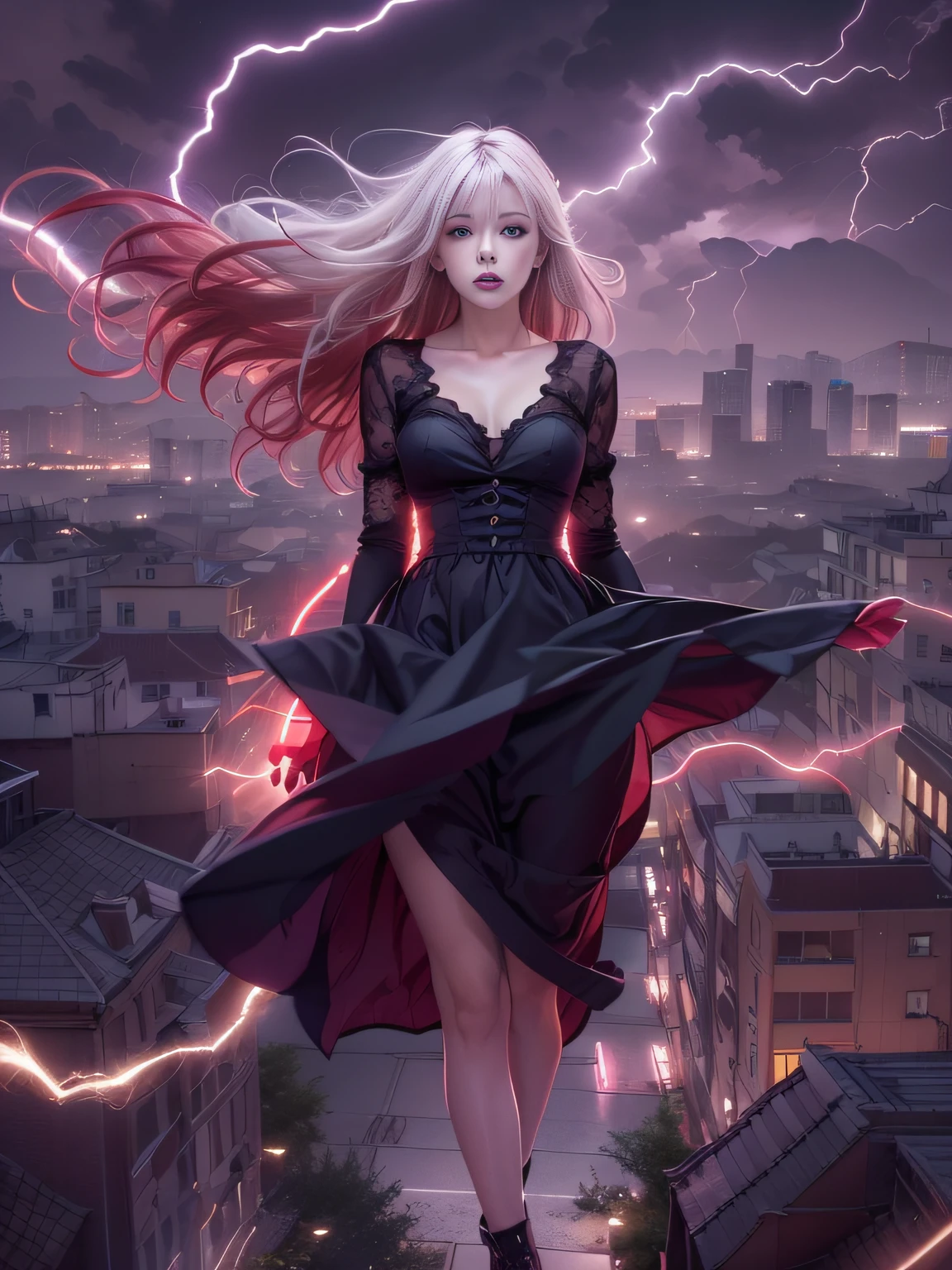 Black goth-rowley girl floating in the city with lightning,Gothloli albino girl floating in the city with one hand,Woman in black dress with red and black hair, Gothic Maiden girl, girl in black dress, 1 7 year old girl,Old Goth girl, an elegant gothic princess, artwork in the style of guweiz, in the art style of bowater, dreamy gothic girl, 8k high quality detailed art, gothic art style, wearing a gothic dress,closing,Wearing underwear,Red Eyes,Looking down,white hair,Wind,Head tilt,White hair, Silver hair, Long hair, Blunt bangs, Straight hair, Big hair, expressive hair, (Red eyes that glow intensely:1.8), Downward eyes, (Red Eyes:1.5),small tits,Thin leg,Crazy, Disappointed,wide Shots,wide angles,sideshot,3 views,,(Close up portrait of a person in a black dress flies over the city:1.7),People fleeing the busy streets of a city lined with shops々, busy street, Street crowded with people, photograph of the city street, japanese downtown, Traditional Cities of Japan, Busy streets,busy cityscape, bustling city, Crowded with people, Bustling streets in the moon, crowdedstreets, shutterstock, Bustling small town streets,bad weather、A large number of purple lightning bolts come out of the girl's hands and hit the city,Dark clouds cover the city pierced by lightning clouds, Lightning clouds, Atmospheric lightning, Pink lightning, With thunderstorms, Dark storm with lightning, Dramatic purple lightning, Lightning in the sky, Contrast Lightning, thunderstorm in the sky, Lightning in the background, With lightning, Stormy weather with lightning, Upper volumetriclightning,Effect of wearing purple aura,(Control a large number of lightning with open arms:1.4),Destroy the city with a girl's lightning attack,Called nose,Lightning effect on both hands,Numerous balls glowing purple around the girl,goddess of lightning, Storm, Storm outside, She attracts a large number of purple lightning,
