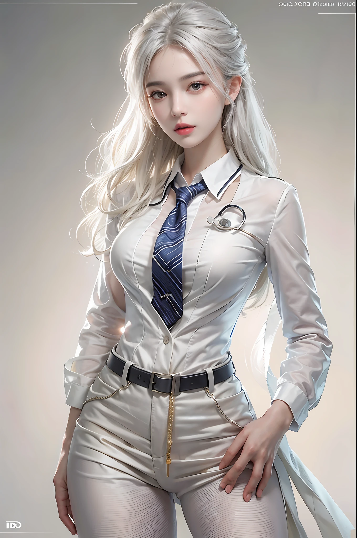 photorealistic, high resolution, soft lights, 1women, shiny skin, finely detailed skin, solo, hips up, look at viewer, (detailed face), white hair, long hair, doctor outfit, White blouse doctor