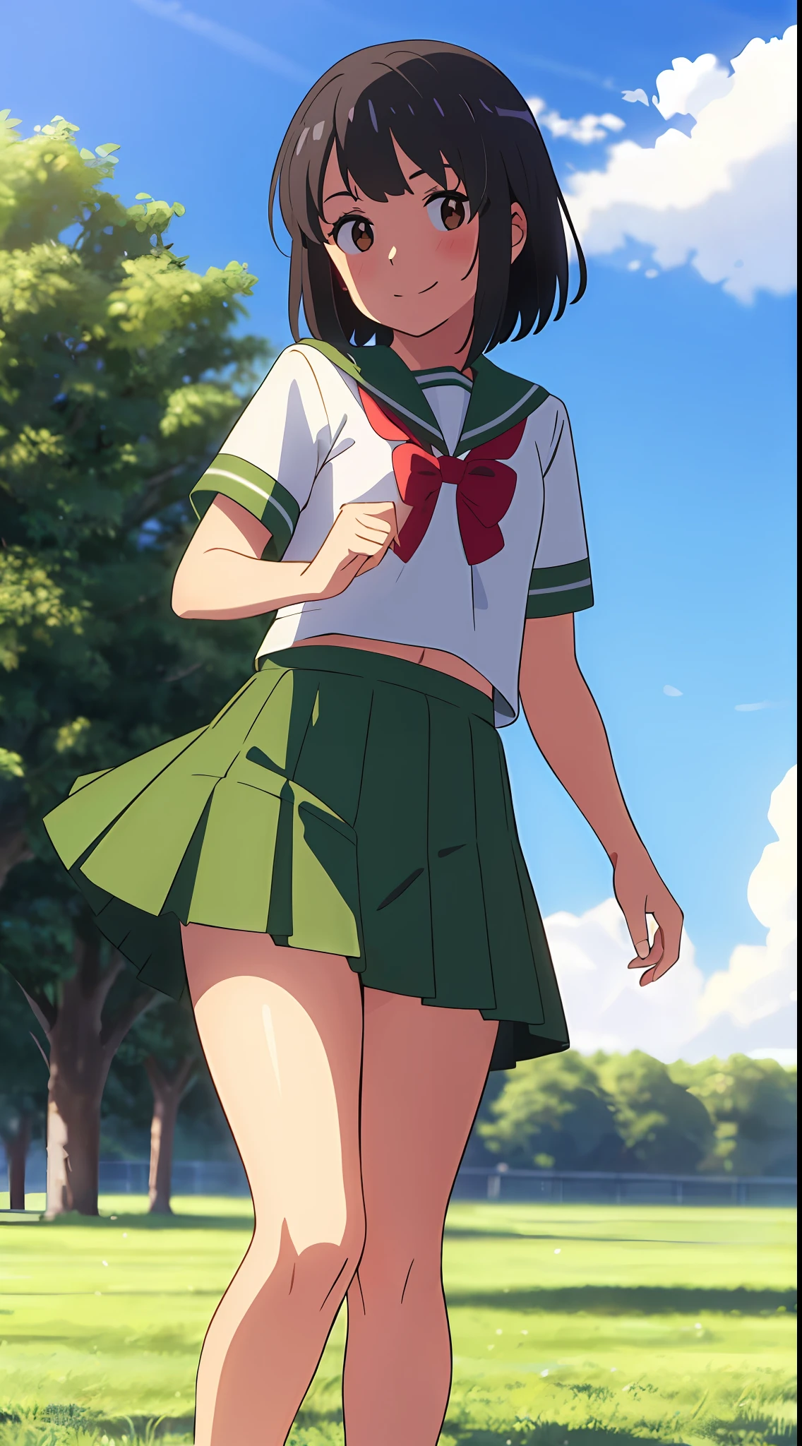 shinkai makoto, kimi no na wa., 1girl, bangs, black hair, blush, brown eyes, sky, cloud, sailor collar, green sailor collar, sailor color, green sailor color, serafuku, looking at the viewer, outdoors, red headband, red ribbon, red bow, school uniform, short hair, smile, solo, white shirt, green skirt, pleated skirt, short sleeves