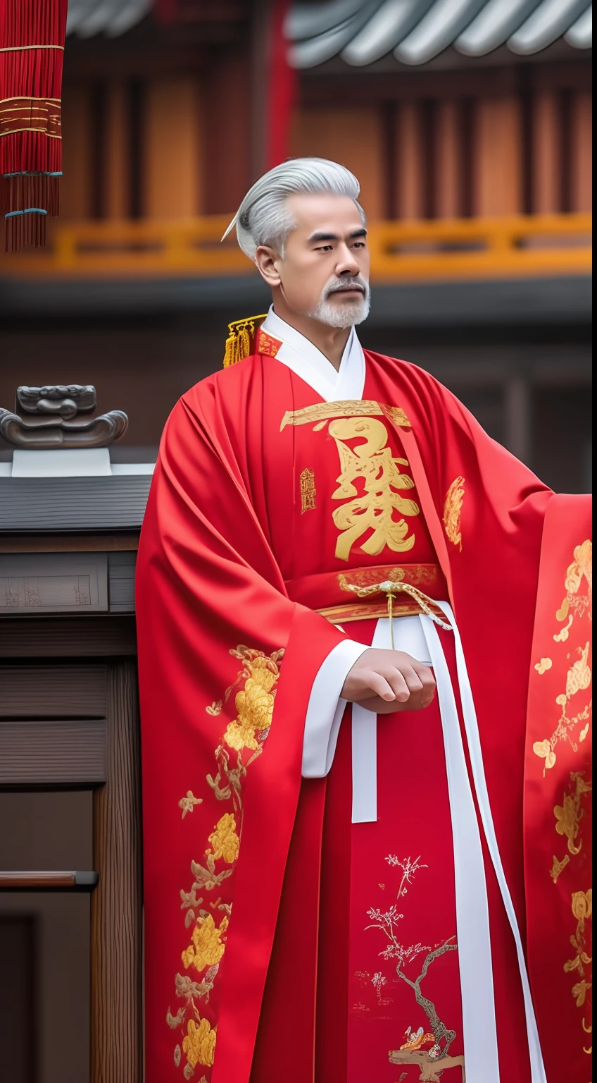 Masterpiece, Highest quality, (solofocus),, (High detail: 1.1),dojo,Red and yellow robes,The male, Man, chinese crown, 1人,and white hair,超高分辨率 , Detailed background, realisticlying, wearing a detailed and intricate xianxia antique outfit