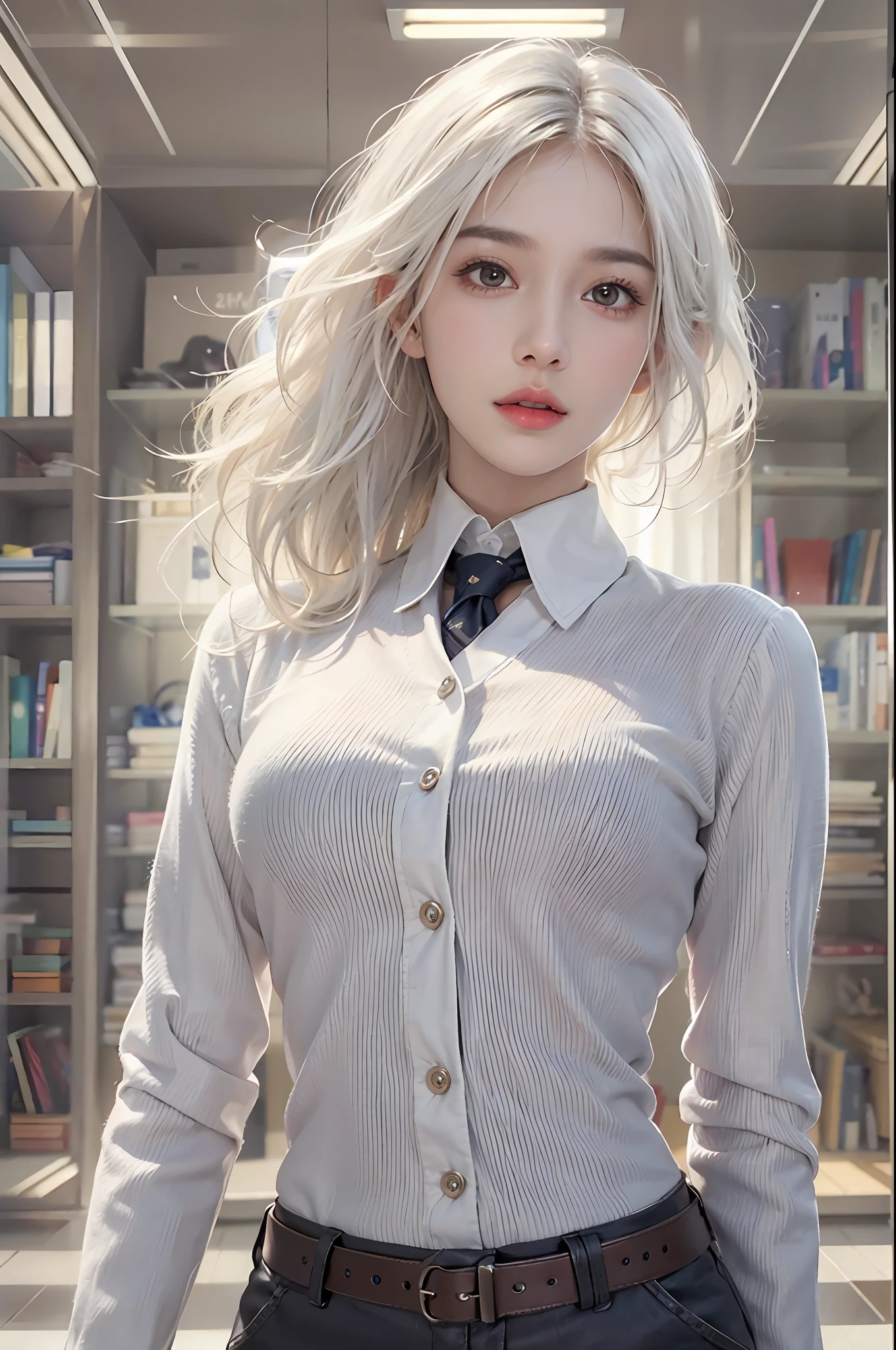 photorealistic, high resolution, soft lights, 1women, shiny skin, finely detailed skin, solo, hips up, look at viewer, (detailed face), white hair, long hair, doctor outfit, White blouse doctor