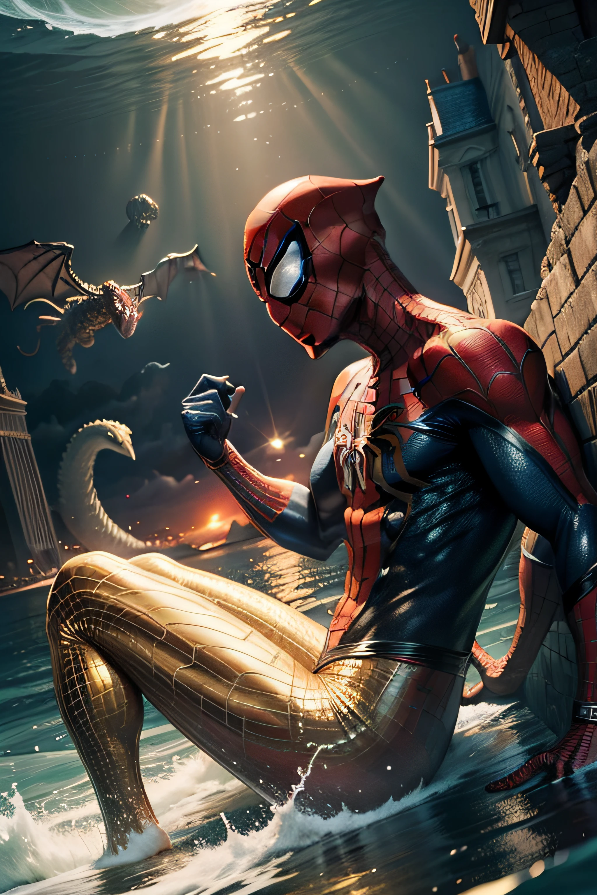 spiderman with golden suit webbing in Uk against giant sea monster .
