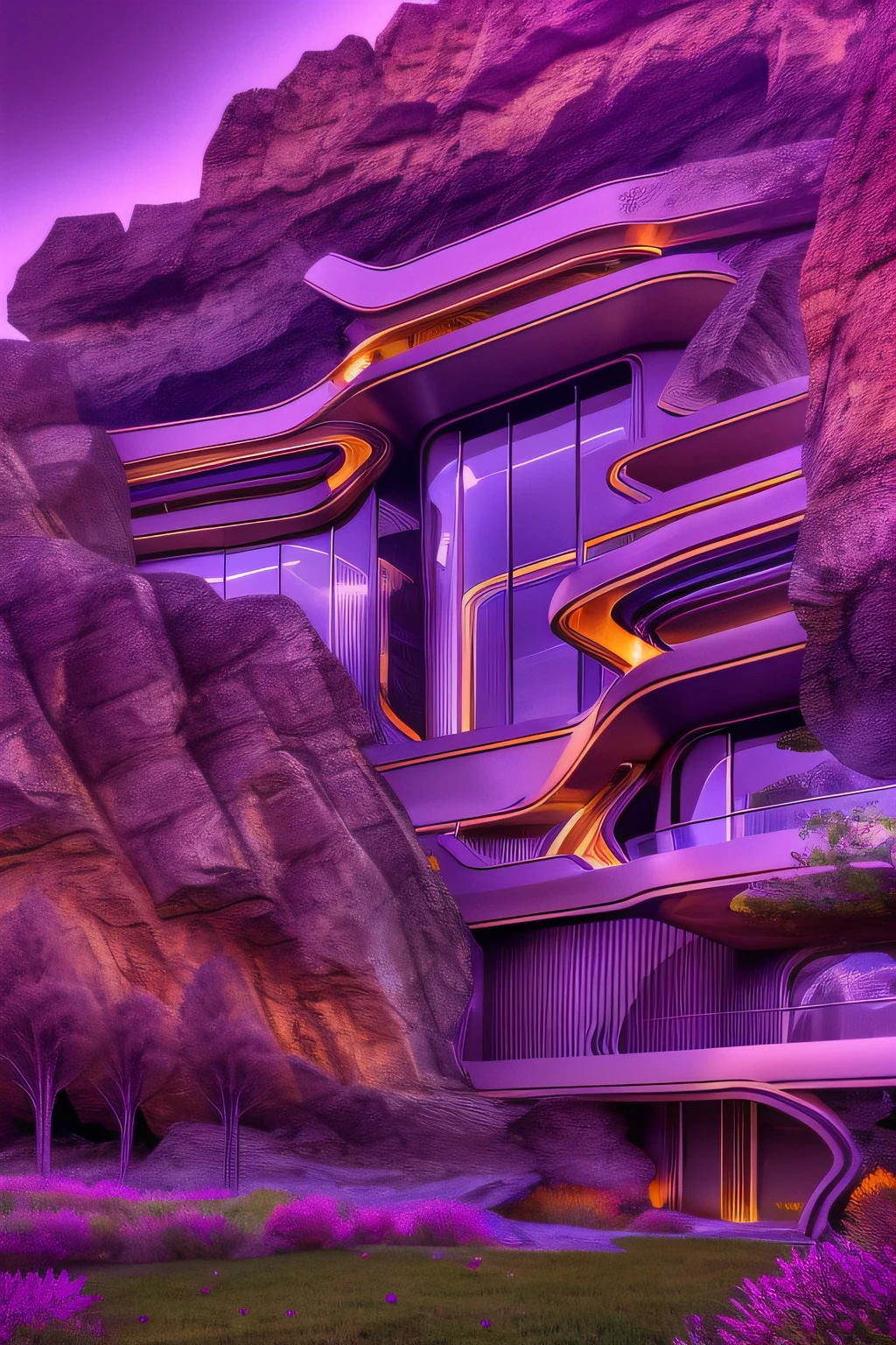 Naturaleza, epic futuristic building in the center, oscuro, desvanecerse, warm, resplandor por la noche, .RAW, HDR, (Mountains:1.3)