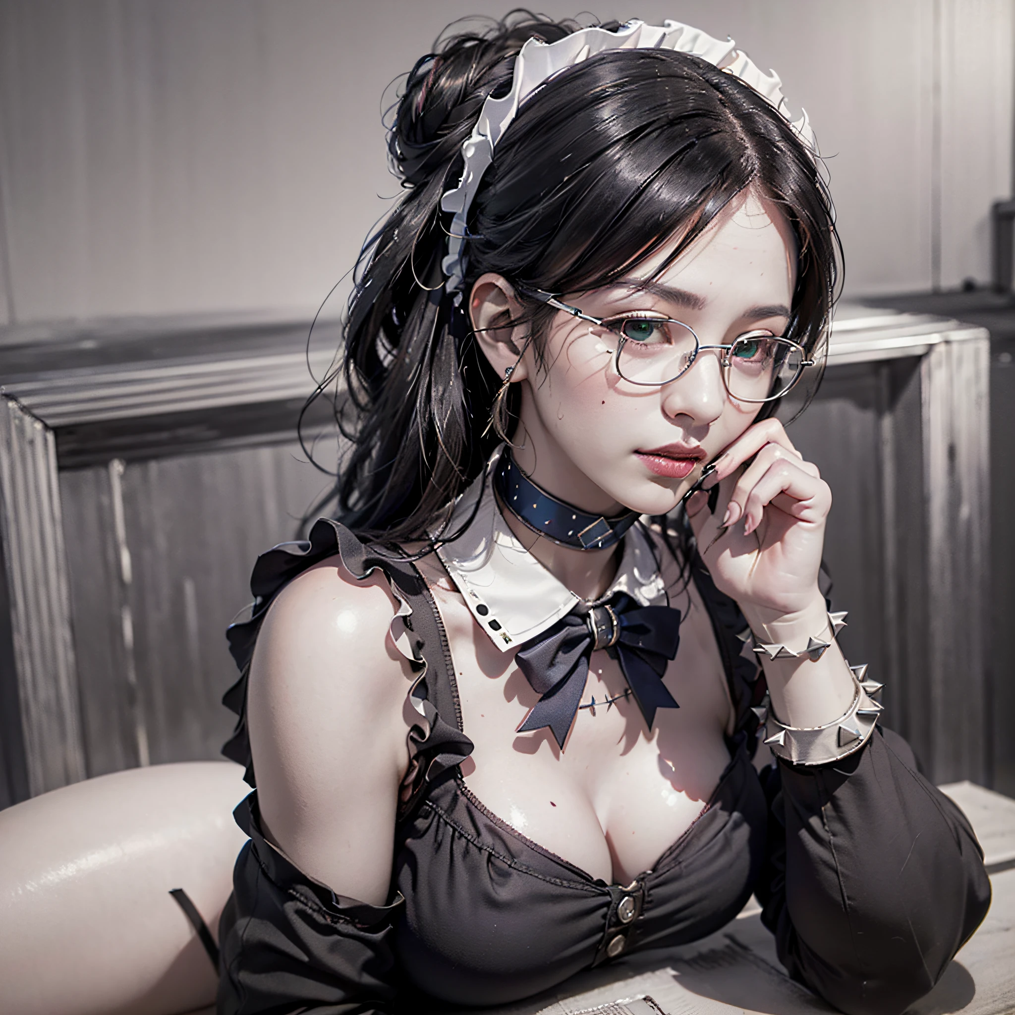 (64k, RAW photo, highres, best quality, masterpiece:2.0), (ultra-fine depiction of the detail:2.0), (realistic, beautiful, photo-realistic:1.3), 1girl, (yuri alpha), long black hair, (single braid bun), (shiny black hair, blue-gray eyes),(cool glasses), (gothic style vivid blue choker), (blue bowtie and ribbon) (simple but high-quality maid dress), (vivid dark emerald green, spiked gantlets), (solemn maid dress with gothic style coreset), (huge breasts), (elegant and handsome woman), (shiny skin, pink lips), (looking at the viewer:1.5), (closed mouth, a faint smile;1.4), (seated in a study room, filled with solemn atmosphere), (highly sophisticated professional HDR, with effective ambient occlusion, perfectly optimized effective spot light and front light:1.8), (perfect, natural, harmonious composition), (photo-realistic, ultra-detailed:1.5), ((portrait:1.6))