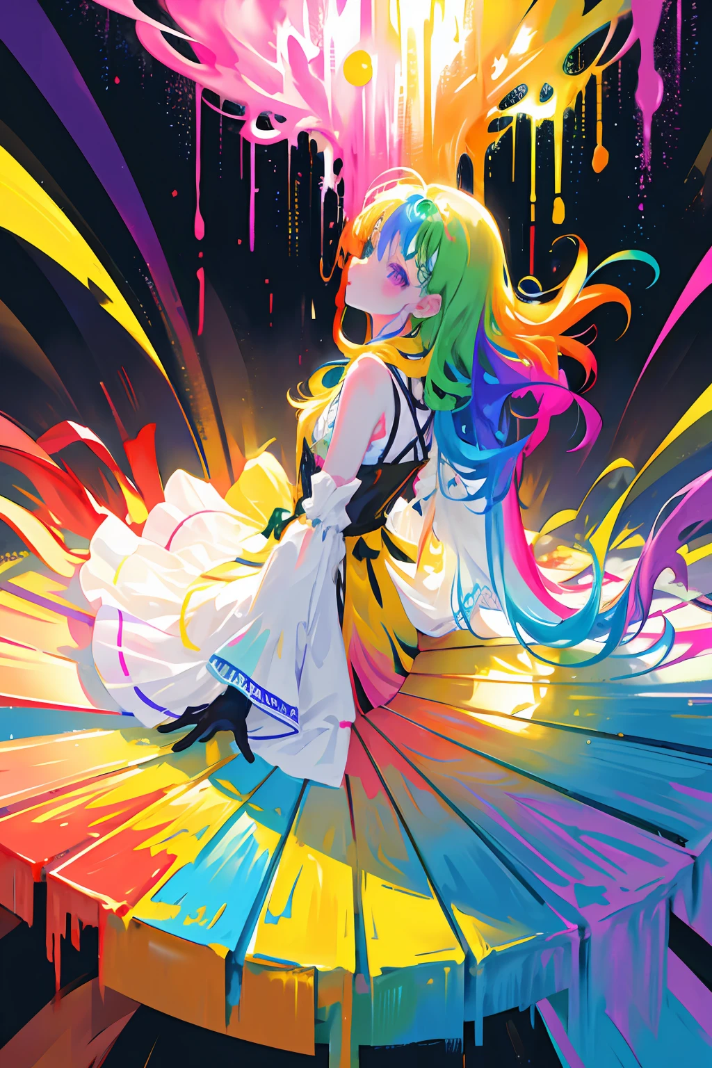 rainbow paint, a girl made entirely out of rainbow paint, entirely paint, 1girl, all rainbow paint, hdr, (intricate details, hyperdetailed:1.15), gorgeous lighting, rainbow, paint splatter, splashes, very rainbow, very colorful, neon, paint drops, rainbow paint background, colorful background