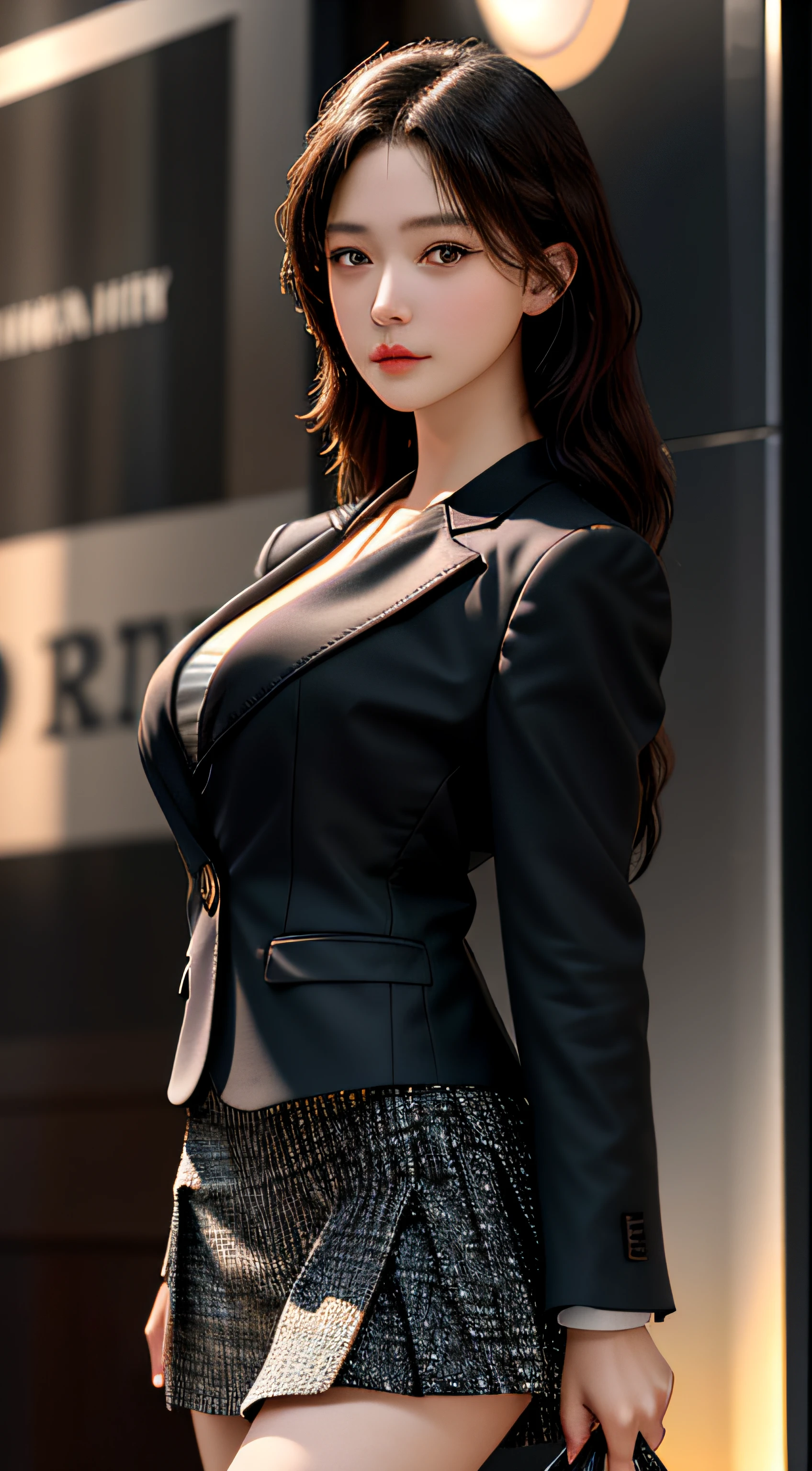 best quality, masterpiece, 1girl, Beautiful face, (photo realistic:1.3), rim lighting, (high detailed skin:1.2), 8k uhd, dslr, high quality, high resolution, 4k, 8k, Bokeh, absurdres, best ratio four finger and one thumb, (realistic:1.3), cute 1girl, wearing black formal blazer, medium breasts, short skirt,