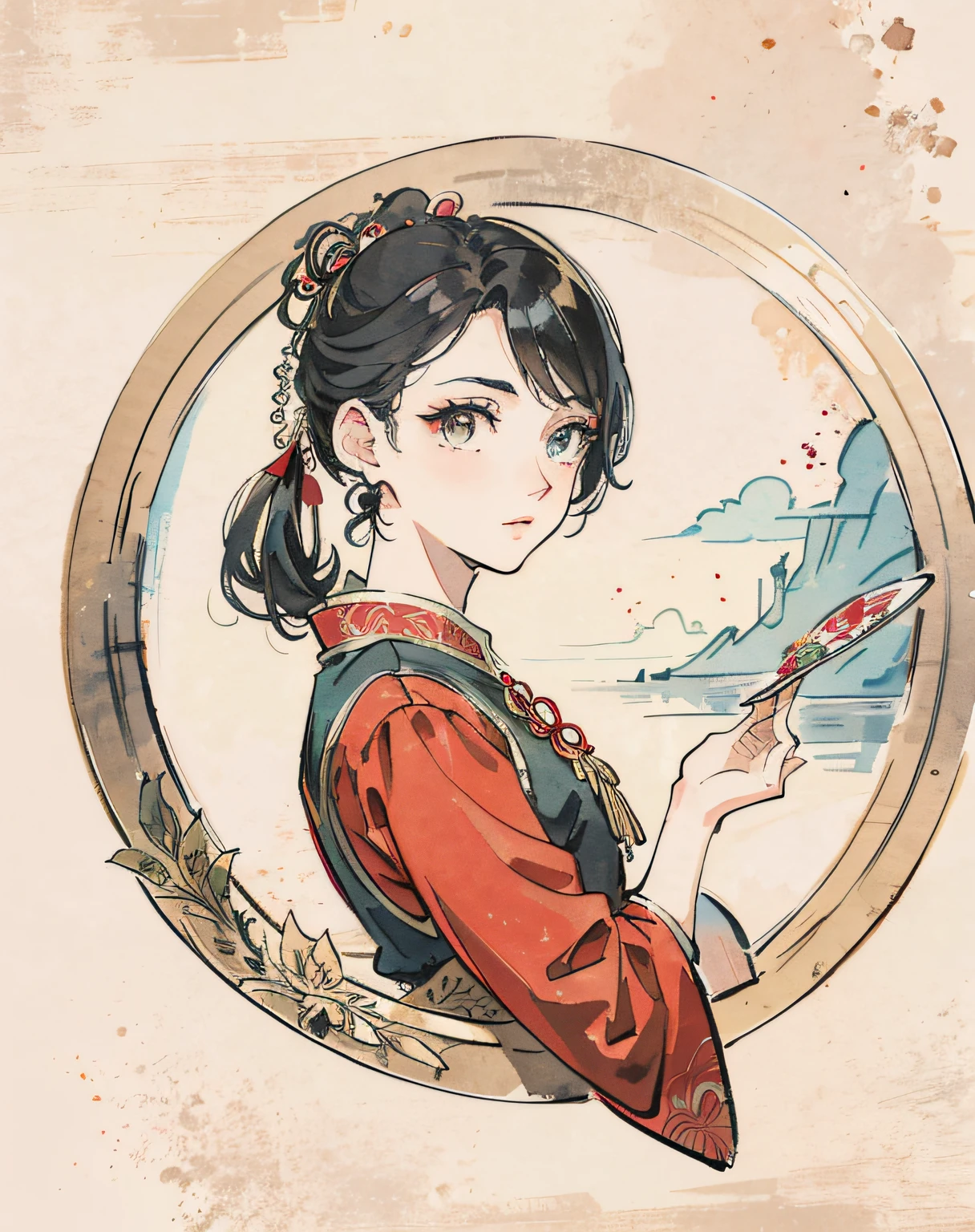 masterpiece chinese watercolor and ink painting, red aesthetics, 1girl holding a peacock, in the style of wlop, trending on artstation, 4k, 8k, ultra wide angle, pincushion lens effect. zenith view, greg rutkowski, beeple. baroque elements. baroque element. intricate