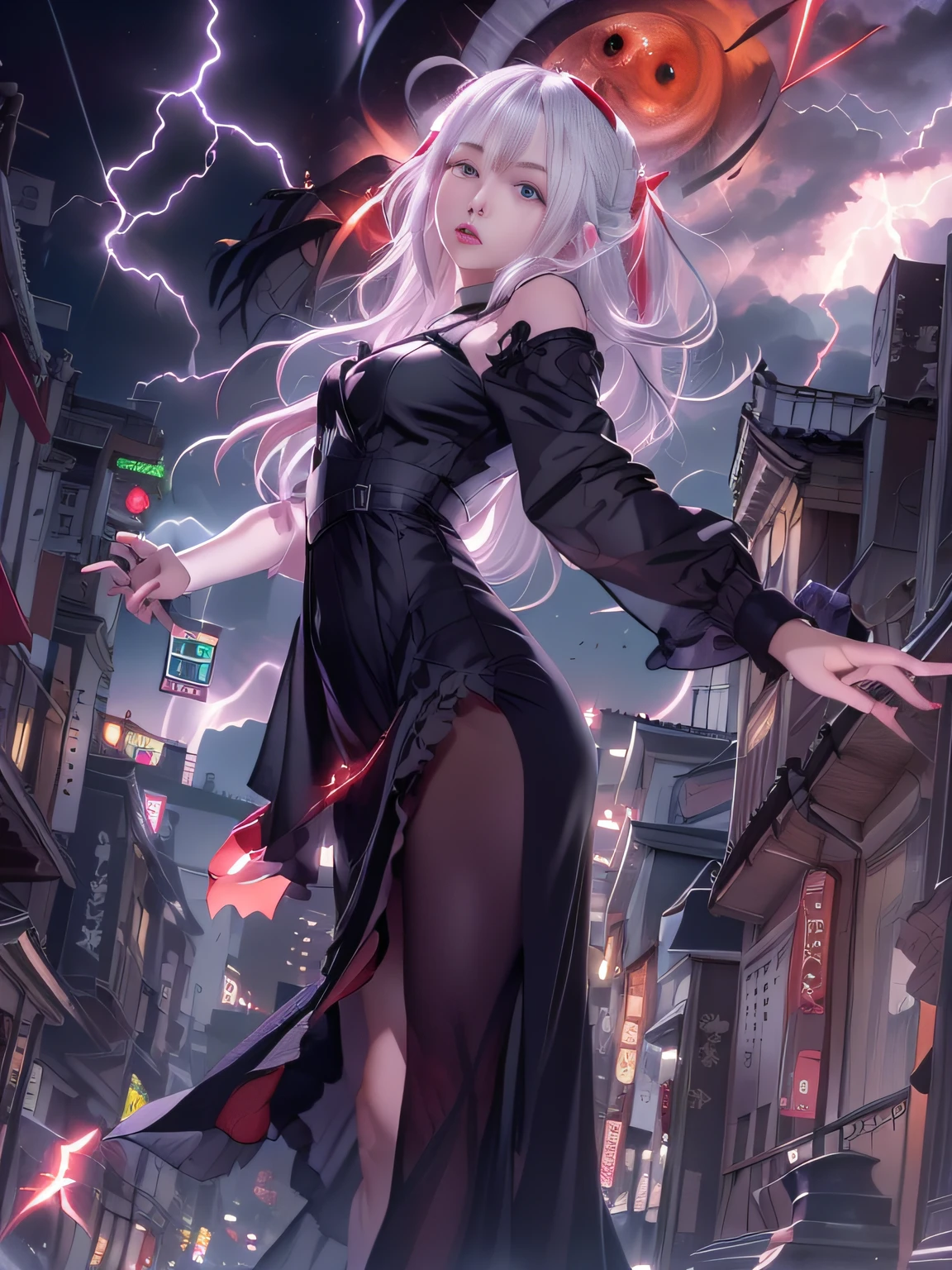 Black goth-rowley girl floating in the city with lightning,Gothloli albino girl floating in the city with one hand,Woman in black dress with red and black hair, Gothic Maiden girl, girl in black dress, 1 7 girl,Old Goth girl, an elegant gothic princess, artwork in the style of guweiz, in the art style of bowater, dreamy gothic girl, 8k high quality detailed art, gothic art style, wearing a gothic dress,closing,Wearing underwear,Red Eyes,Looking down,white hair,Wind,Head tilt,White hair, Silver hair, Long hair, Blunt bangs, Straight hair, Big hair, expressive hair, (Red eyes that glow intensely:1.8), Downward eyes, (Red Eyes:1.5),small tits,Thin leg,Crazy, Disappointed,wide Shots,wide angles,sideshot,3 views,,(Close up portrait of a person in a black dress flies over the city:1.7),People fleeing the busy streets of the city lined with shops々々, busy street, Street crowded with people, photograph of the city street, japanese downtown, Traditional Cities of Japan, Busy streets,busy cityscape, bustling city, Crowded with people, Bustling streets in the moon, crowdedstreets, shutterstock, Bustling small town streets,bad weather、A huge amount of purple lightning came out of the girl's hand and hit the city,Dark clouds cover the city pierced by clouds of lightning, Lightning clouds, Atmospheric lightning, Pink lightning, With thunderstorms, Dark storm with lightning, Dramatic purple lightning, Lightning in the sky, Contrast Lightning, thunderstorm in the sky, Lightning in the background, With lightning, Stormy weather with lightning, Upper volumetriclightning,Effect of wearing purple aura,(Control a large number of lightning with open arms:1.4),Destroy the city with a girl's lightning attack,Called nose,Lightning effect on both hands,Countless balls glowing purple around the girl,goddess of lightning, Storm, Storm outside, She attracts a lot of purple lightning,