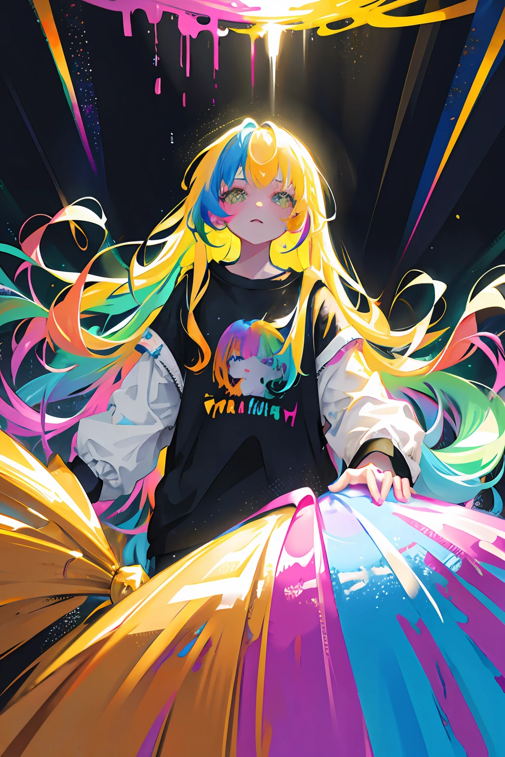 rainbow paint, a girl made entirely out of rainbow paint, entirely paint, 1girl, all rainbow paint, hdr, (intricate details, hyperdetailed:1.15), gorgeous lighting, rainbow, paint splatter, splashes, very rainbow, very colorful, neon, paint drops, rainbow paint background, colorful background