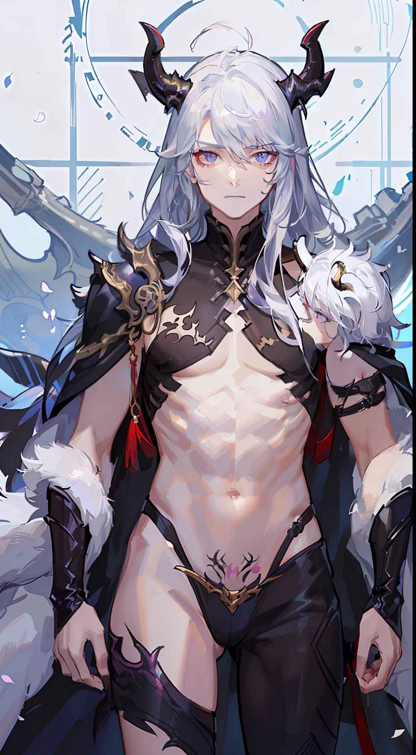 young boy, femboy, femboi , Long white hair, dragon horns, Heteroromy, left purple, and the right golden eye, White transparent robe, open torso, White tattoo, Masterpiece, hiquality