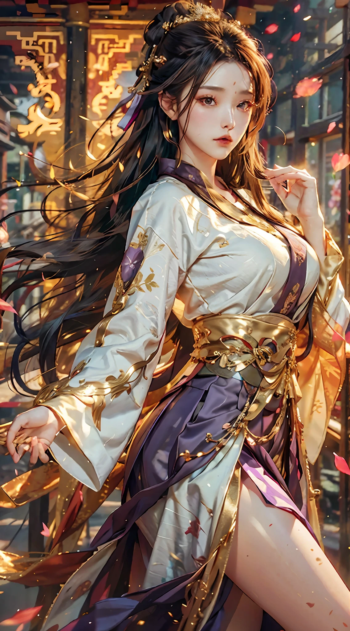 Superb Beauty, Masterpiece, High Resolution, (Exquisite Body: 1.5), Beauty, Extra Large Breasts (2.5) Wide Buttocks, Thin Waist, Stunning Beauty, (Milky Skin: 1.3), Exquisite Details, High Resolution, Wallpaper, 1 Female, Solo, Dress, Hair Accessories, (((Golden Purple Skirt)) ), Flower, Long Hair, Brown Hair, Shut Up, Accessories, Long Sleeves, Raised Hands, Wide Sleeves, Big Eyes, Flowing Hair, Hanfu, Hanfu, Embroidery, Long Dress, Natural Pose, Falling Petals, Indoor, Fanning, Lantern, 16K, HDR, High Resolution, Depth of field, (Film grain: 1.1), Bocon, Primetime, (lens flare), vignette, rainbow, (color grading: 1.5)