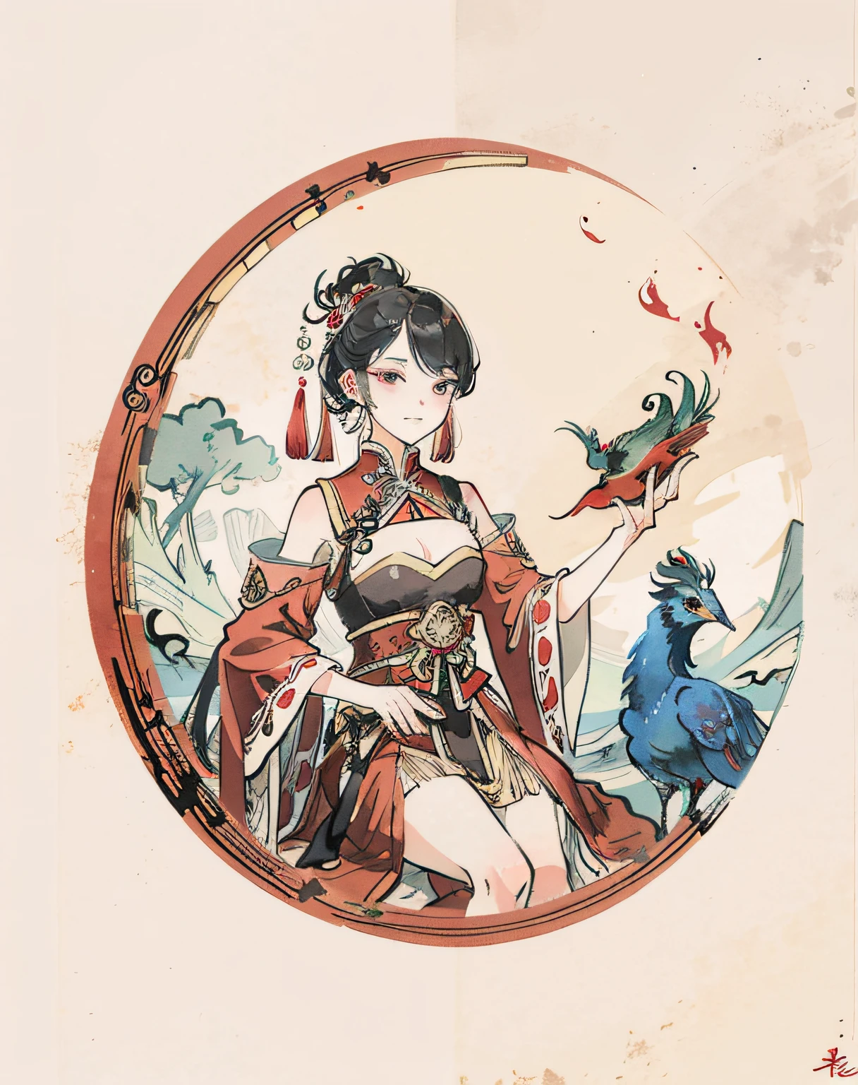 masterpiece chinese watercolor and ink painting, red aesthetics, 1girl holding a peacock, in the style of wlop, trending on artstation, 4k, 8k, ultra wide angle, pincushion lens effect. zenith view, greg rutkowski, beeple. baroque elements. baroque element. intricate