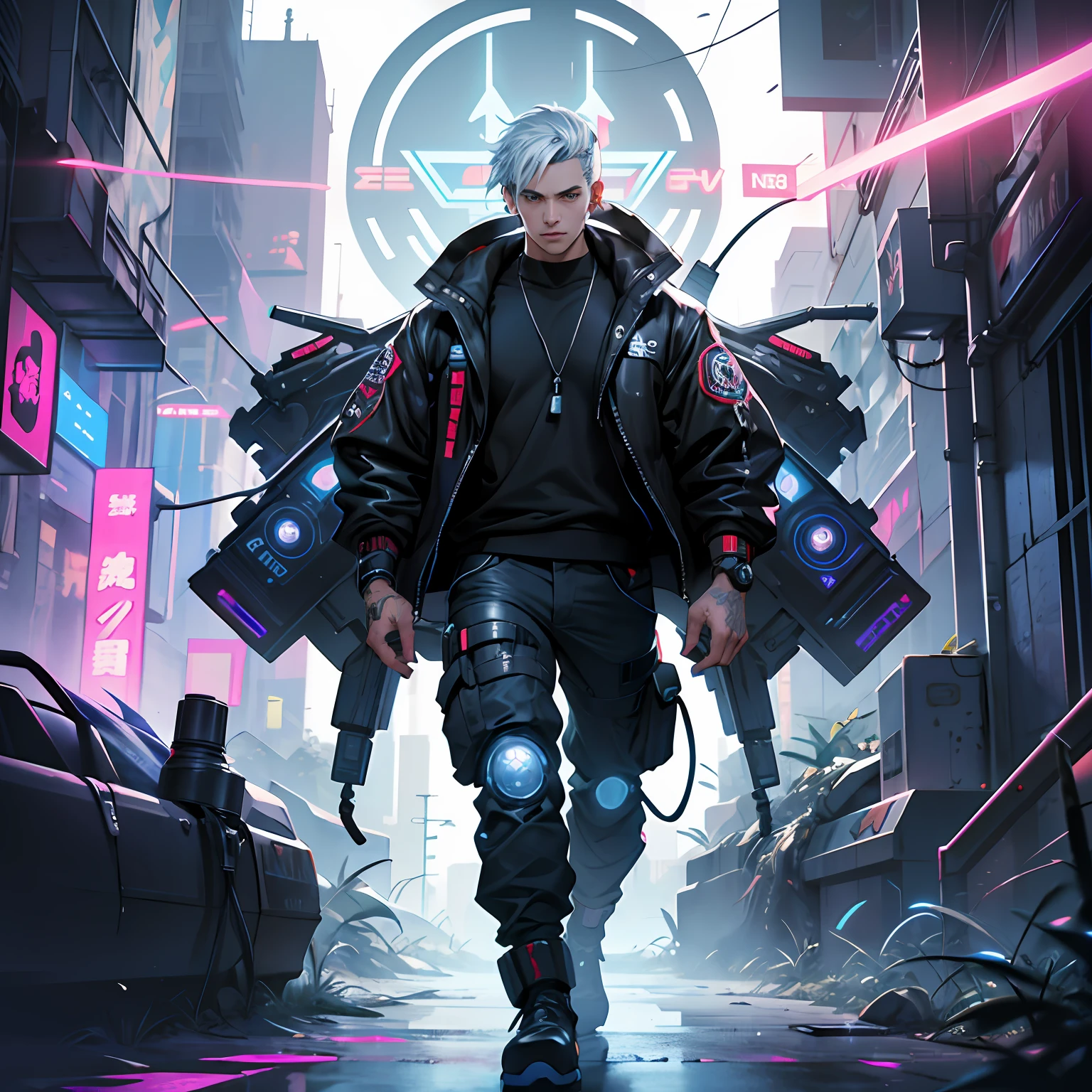 beautiful male, Cyberpunk, An AI, Central Server, Deep view, Heavy Blue LED Light, Connected wires, Award-winning Fatorg, Cyberpunk, Extremely detailed, art stations, 8 K, Sensual lighting, Incredible art, wlop, ArtGerm,Hyper-Realism, high detailing, Octane Render, 8K, depth of fields, A man with a very beautiful face, Blue Rampage Flame, Angelic Boy, Claudia Flohair D Figure, 3D Doll, Very beautiful man,, Beautiful light green human eyes, Cyberpunk Beautiful Warriors,Realistic Men, 85mm lens, F8 key, Photo, Super Detail, Natural light, Windy, High image quality,Beautiful face, Engulfed in silver flames, 8K, Cyberpunk, Pink neon, Big man with full body, full body Esbian3D-Animation, Full body animation, Pose shooting a large machine gun、Large body、Half of his face is a cyborg、fight、Silver tattoo,standing on the grass、Big cyberpunk clothes、Big Head Earphones、,Fashionable men、Blue Pupils, Wearing fashionable clothes、pop-art、Only one man,chee, Octane Rendering, , Full body vision, Cinematic lighting, , Center, looking in camera, At 8K, Perfect Lighting、Very beautiful face、
