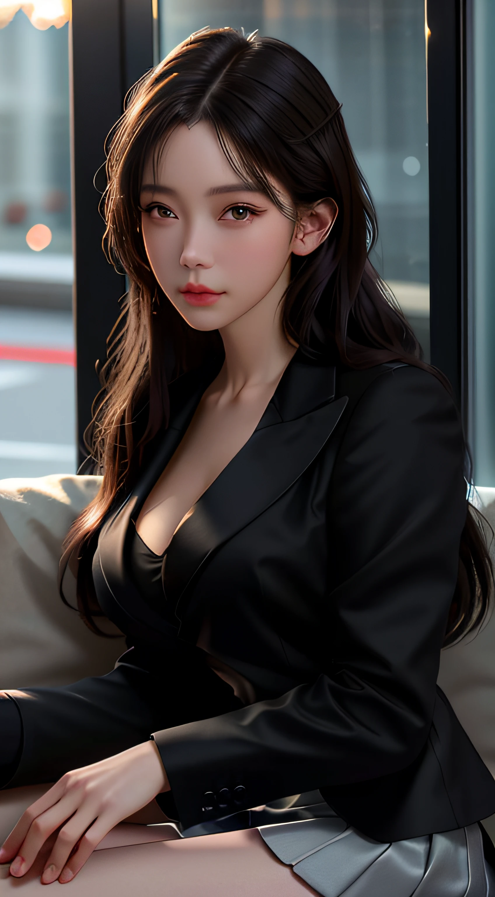 best quality, masterpiece, 1girl, Beautiful face, (photo realistic:1.3), rim lighting, (high detailed skin:1.2), 8k uhd, dslr, high quality, high resolution, 4k, 8k, Bokeh,  absurdres, best ratio four finger and one thumb, (realistic:1.3), cute 1girl, wearing black formal blazer, medium breasts, short skirt,