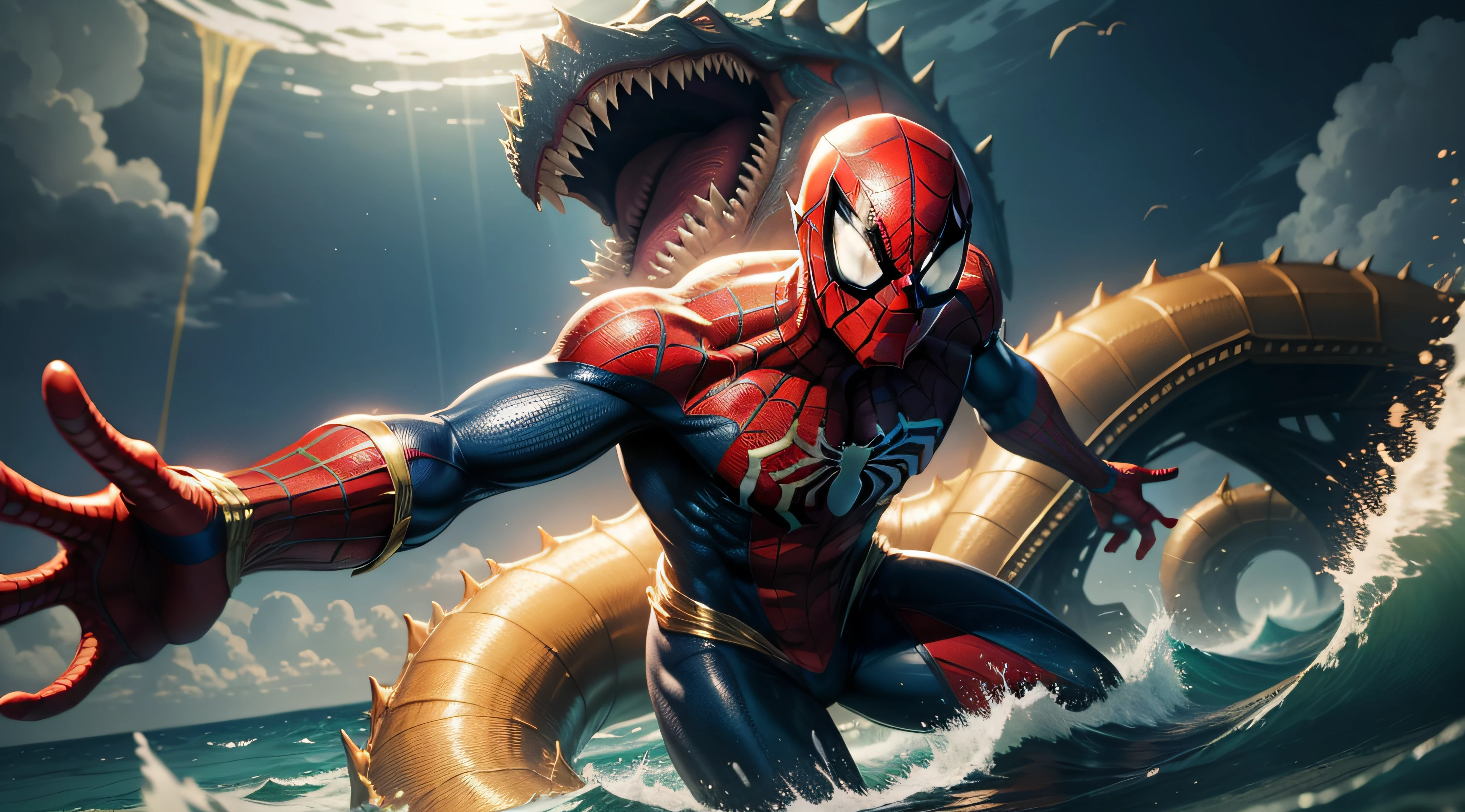 spiderman with golden suit webbing in Uk against giant sea monster .
