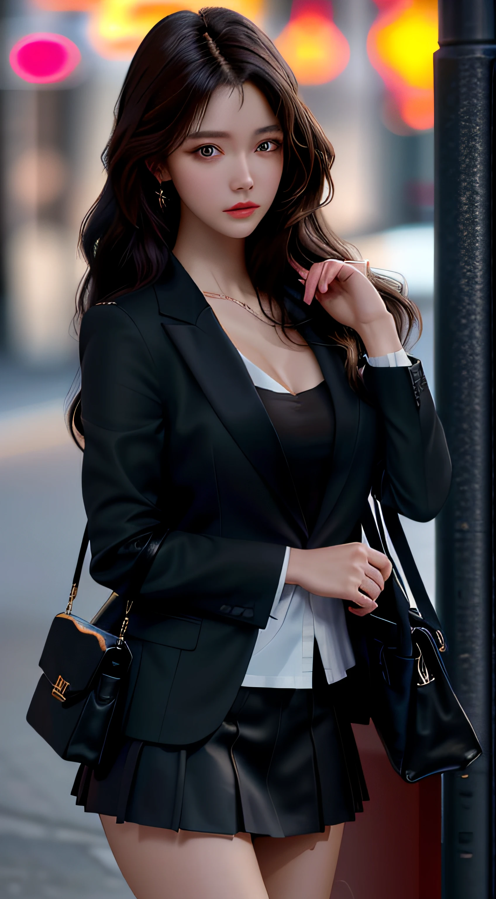 best quality, masterpiece, 1girl, Beautiful face, (photo realistic:1.3), rim lighting, (high detailed skin:1.2), 8k uhd, dslr, high quality, high resolution, 4k, 8k, Bokeh, absurdres, best ratio four finger and one thumb, (realistic:1.3), cute 1girl, wearing black formal blazer, medium breasts, short skirt,