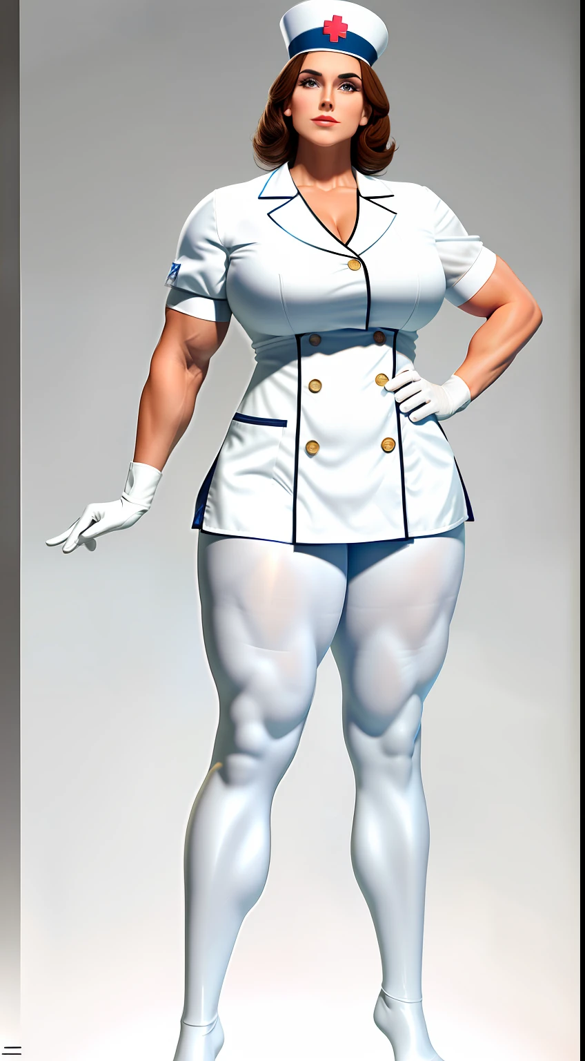 tmasterpiece,finely detailled,Burly woman,Exaggerated large muscles,White silk nurse uniform,White rubber gloves, Full body like,standing on your feet,You can see the feet from the head, Beautiful and charming European female face, Single female,Very fair skin,Very broad shoulders, Strong and powerful arms,Stout arms,Strong and powerful leg muscles,long leges,looking to the camera