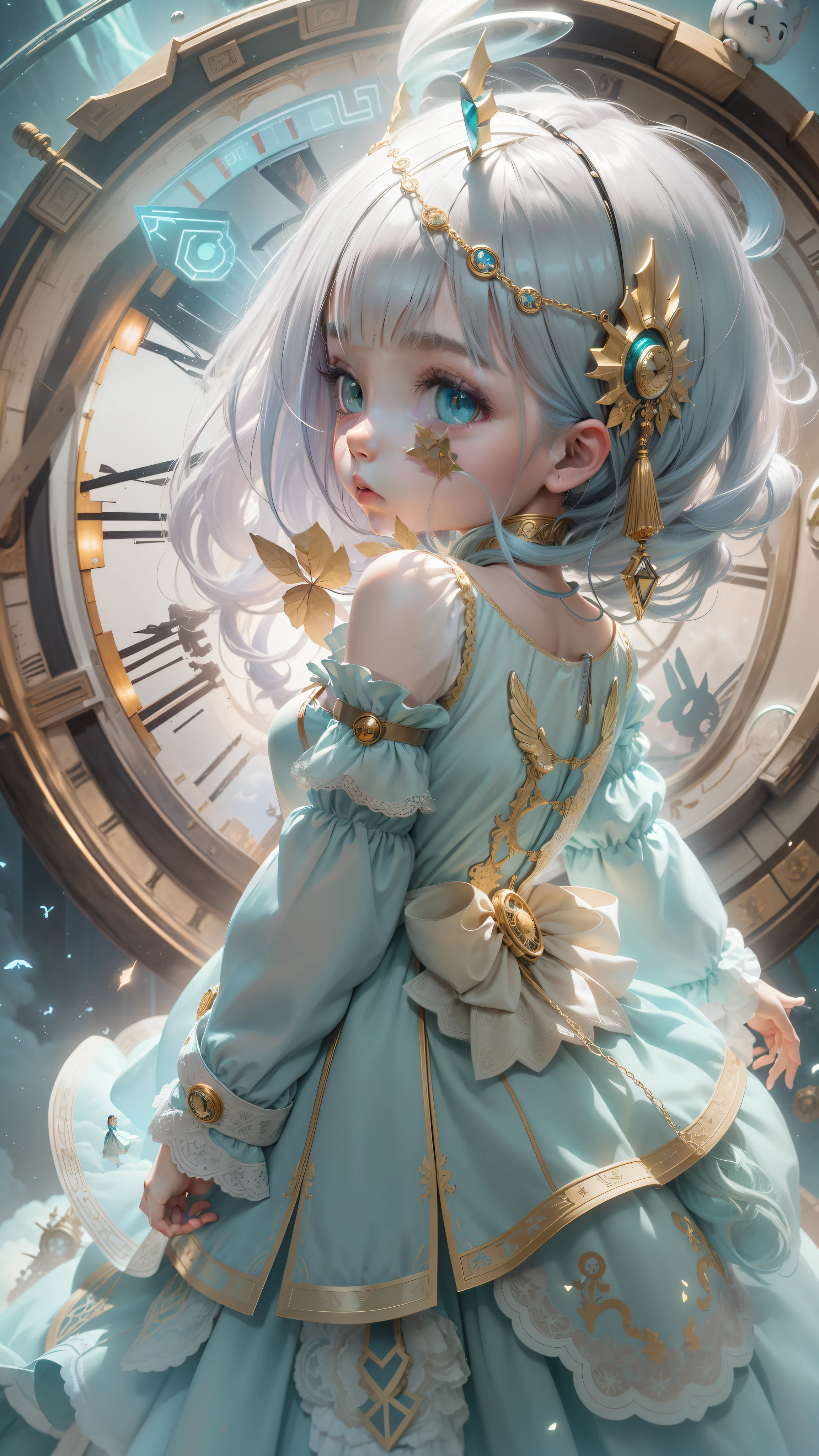 Picture quality：High detail masterpiece 8K high resolution body content：1 girl 8  doll girl，wide wide shot，in a panoramic view，Wear a loli suit，Moe doll assures，Suspicious Expression Background:Classical clock environment：Mysterious shimmer，It has a magical touch atmosphere，Hopeful，Endless coercion，A sense of mystery， lamplight：Technical beams，Magic beam，The fantasy of the futuristic world is intertwined with reality color：Infused with ethereal hues and spooky shades，blue green，High purity color， composition：Wide angle composition，Spell composition，The character is in the center，Bird's eye view style reference:afofuturism，Dynamic complexity，sci-fy