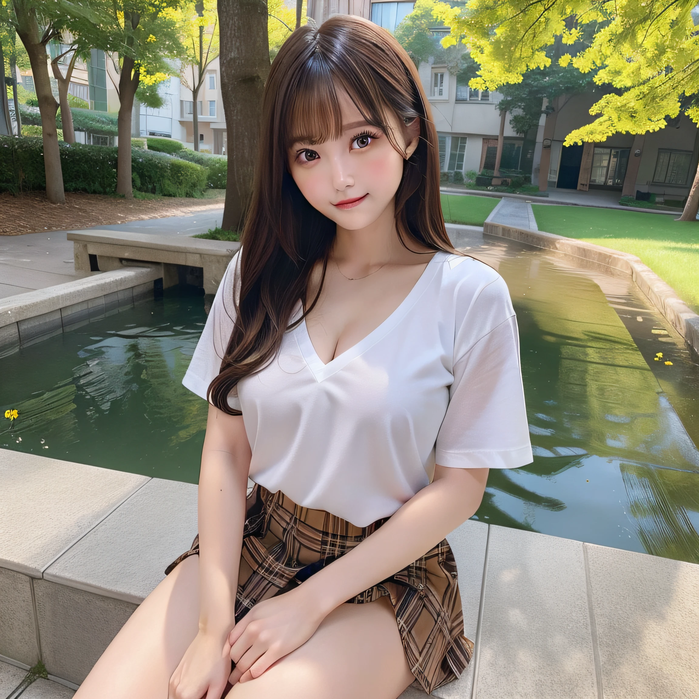 NSFW, 8k RAW photo, top-quality, ​masterpiece:1.3, 超A high resolution, film grains, filmg, 1girl, looking at the viewers, natural skin textures, realistic eyes and face details, Full lips, fluffy hair, Shy smile, ample breasts, The shirt, Beautiful natural places,full bodyesbian、Around the position of the flower, (细致背景), Plaid skirt, white  shirt,(Brown medium hair,Bangs), (touch hair:1.4),nogizaka,beautiful legs:1.3