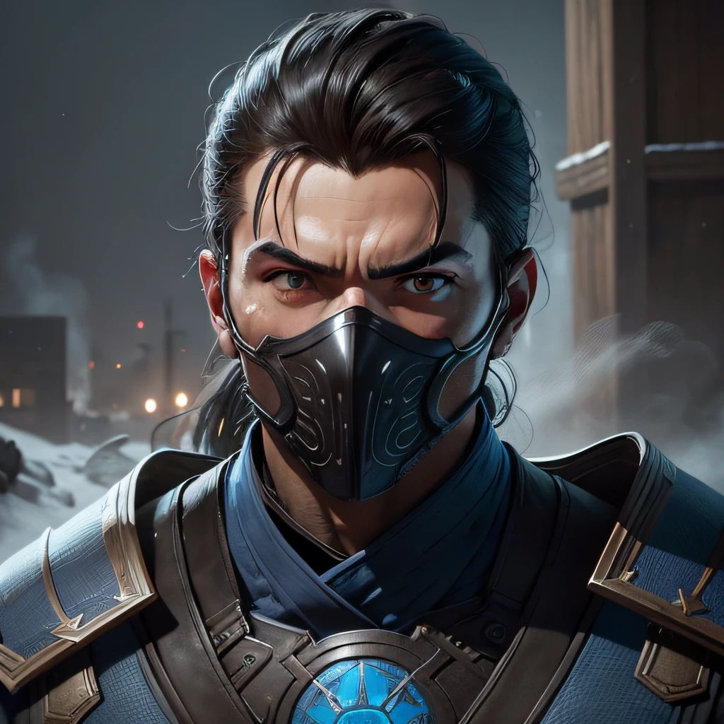 a close up of a man in a blue costume with a mask on, mortal kombat 11, everything is made out of ice, a portrait of rahul kohli, fog obscures the background, japanese anime artist drawn, fantasy character photo, two black eyes, inspired by Shitao, kabuto, kami, aoc, wall, intricate, Coastal , Hand Drawn, massive scale, Houdini rendering, Grainy, Installation, Monochromatic colors, Medieval, sunset lighting, Super detailed, photorealistic, food photography, Cycles render, 4k