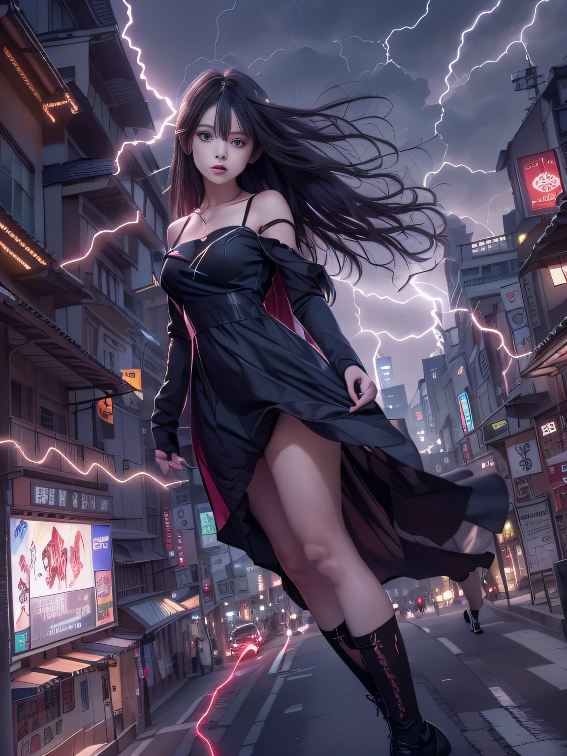 Black goth-rowley girl floating in the city with lightning,Gothloli albino girl floating in the city with one hand,Woman in black dress with red and black hair, Gothic Maiden girl, girl in black dress, 1 7 year old girl,Old Goth girl, an elegant gothic princess, artwork in the style of guweiz, in the art style of bowater, dreamy gothic girl, 8k high quality detailed art, gothic art style, wearing a gothic dress,closing,Wearing underwear,Red Eyes,Looking down,white  hair,Wind,Head tilt,White hair, Silver hair, Long hair, Blunt bangs, Straight hair, Big hair, expressive hair, (Red eyes that glow intensely:1.8), Downward eyes, (Red Eyes:1.5),small tits,Thin leg,Crazy, Disappointed,wide Shots,wide angles,sideshot,3 views,,(Close up portrait of a person in a black dress flies over the city:1.7),People fleeing the busy streets of the city lined with shops々々, busy street, Street crowded with people, photograph of the city street, japanese downtown, Traditional Cities of Japan, Busy streets,busy cityscape, bustling city, Crowded with people, Bustling streets in the moon, crowdedstreets, shutterstock, Bustling small town streets,bad weather、A huge amount of purple lightning came out of the girl's hand and hit the city,Dark clouds cover the city pierced by clouds of lightning, Lightning clouds, Atmospheric lightning, Pink lightning, With thunderstorms, Dark storm with lightning, Dramatic purple lightning, Lightning in the sky, Contrast Lightning, thunderstorm in the sky, Lightning in the background, With lightning, Stormy weather with lightning, Upper volumetriclightning,Effect of wearing purple aura,(Control a large number of lightning with open arms:1.4),Destroy the city with a girl's lightning attack,Called nose,Lightning effect on both hands,Countless balls glowing purple around the girl,goddess of lightning, Storm, Storm outside, She attracts a lot of purple lightning,