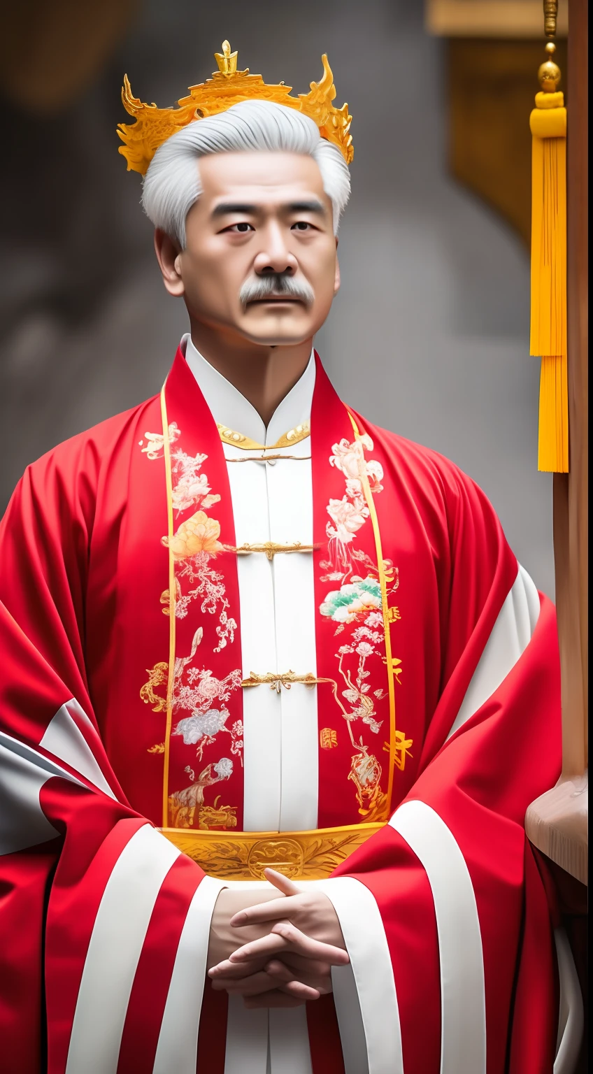 Masterpiece, Highest quality, (solofocus),, (High detail: 1.1),dojo，Red and yellow robes，The male， Man, chinese crown, 1人,and white hair,超高分辨率 , Detailed background, realisticlying, wearing a detailed and intricate xianxia antique outfit