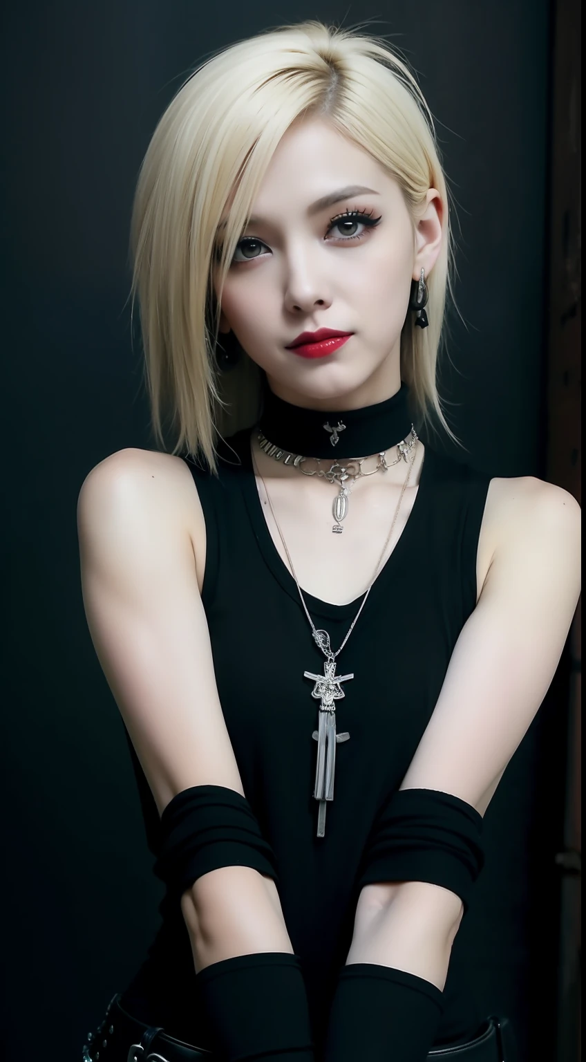 (masterpiece), best quality, expressive eyes, perfect face, black stocking, black tanktop, armpit, little smile , gloves, armpit, straddle, tight tanktop, big boobs, necklace, earing, punk, rock, emo, long hair, full body, emo hair, emo style, choker gothic metal, Korean girl, blonde