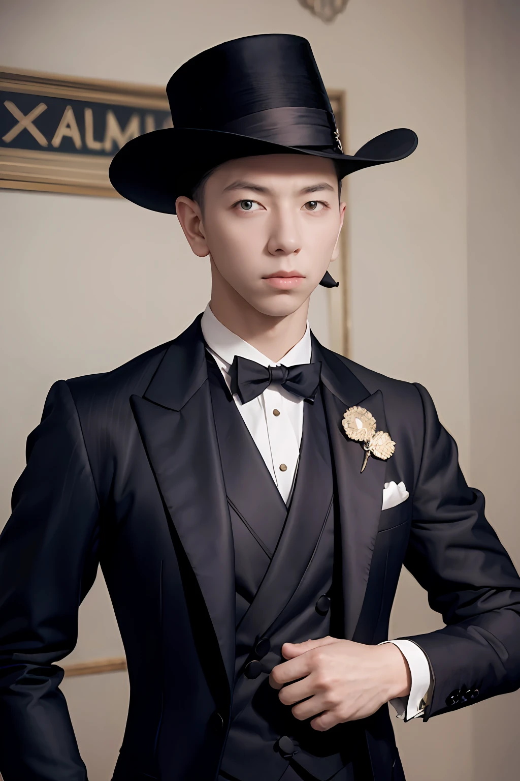 "A dapper gentleman dressed in exquisite attire from the 1900s."