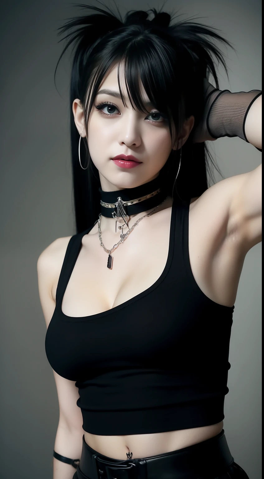 (masterpiece), best quality, expressive eyes, perfect face, black stocking, black tanktop, armpit, little smile , gloves, armpit, straddle, tight tanktop, big boobs, necklace, earing, punk, rock, emo, long hair, full body, emo hair, emo style, choker gothic metal, Korean girl, blonde