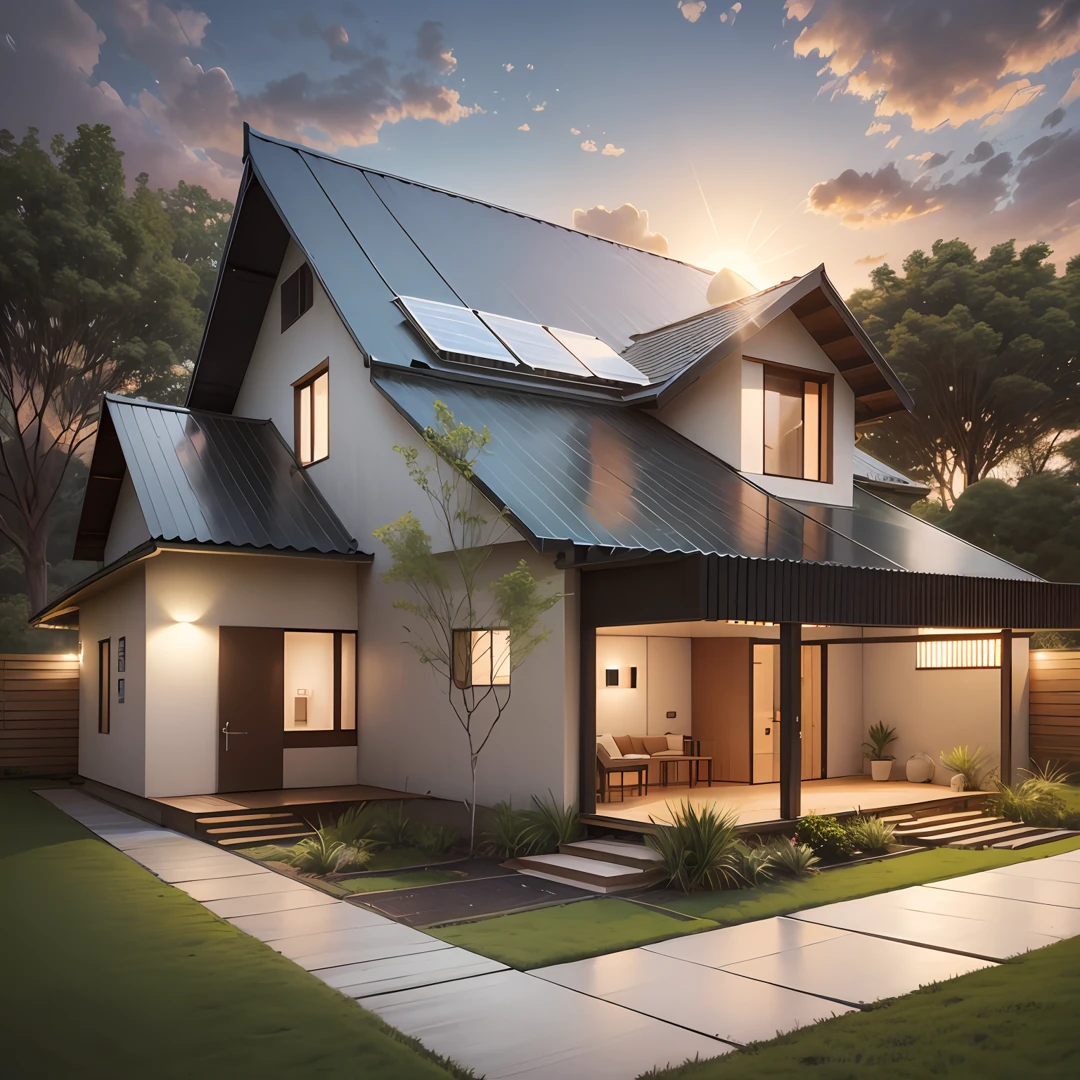 Uma casa, altamente detalhada, with solar panels on the roof , design moderno elegante, com um paisagem radiante e um sol
