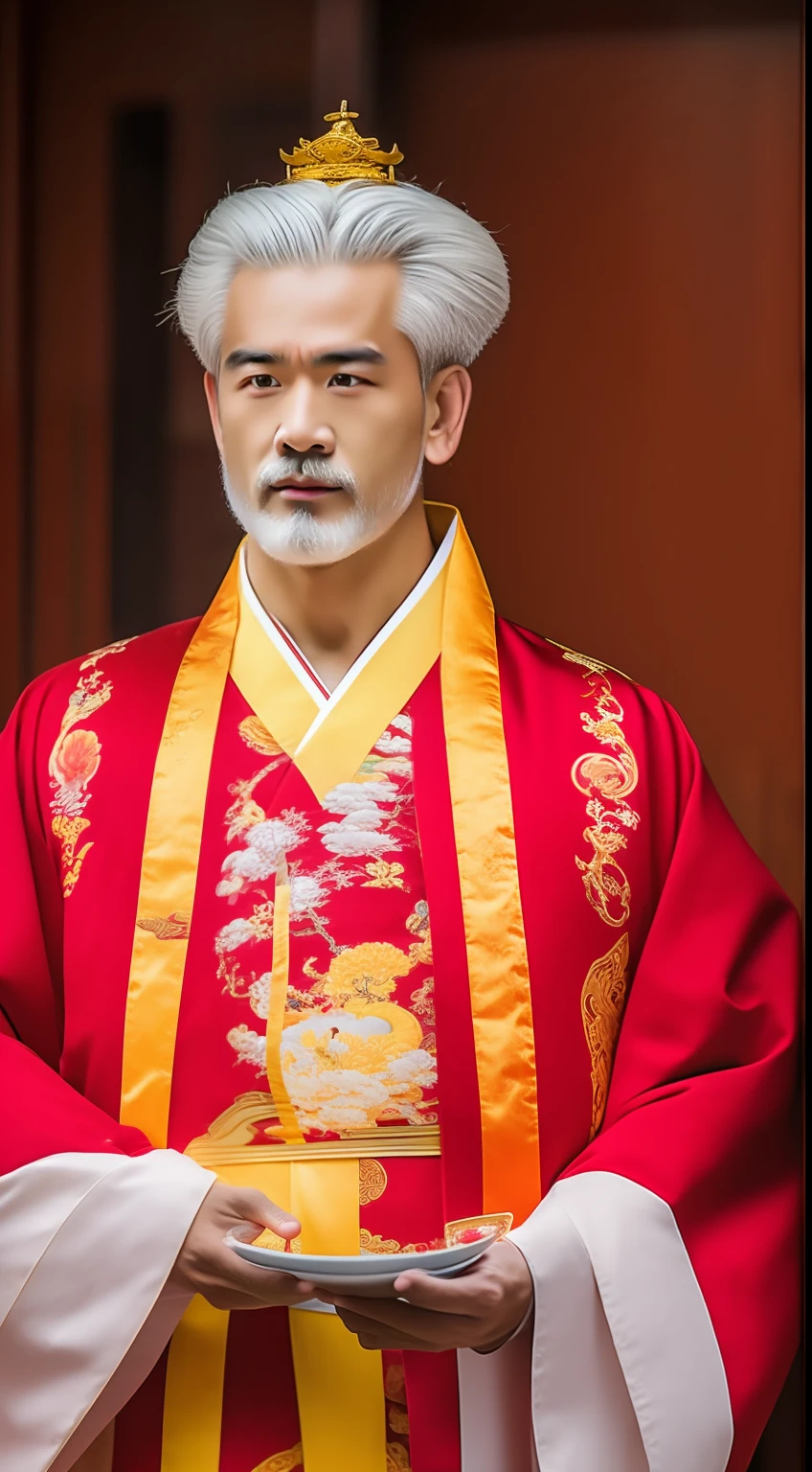 Masterpiece, Highest quality, (solofocus),, (High detail: 1.1),dojo,Red and yellow robes,The male, Man, chinese crown, 1人,and white hair,超高分辨率 , Detailed background, realisticlying, wearing a detailed and intricate xianxia antique outfit