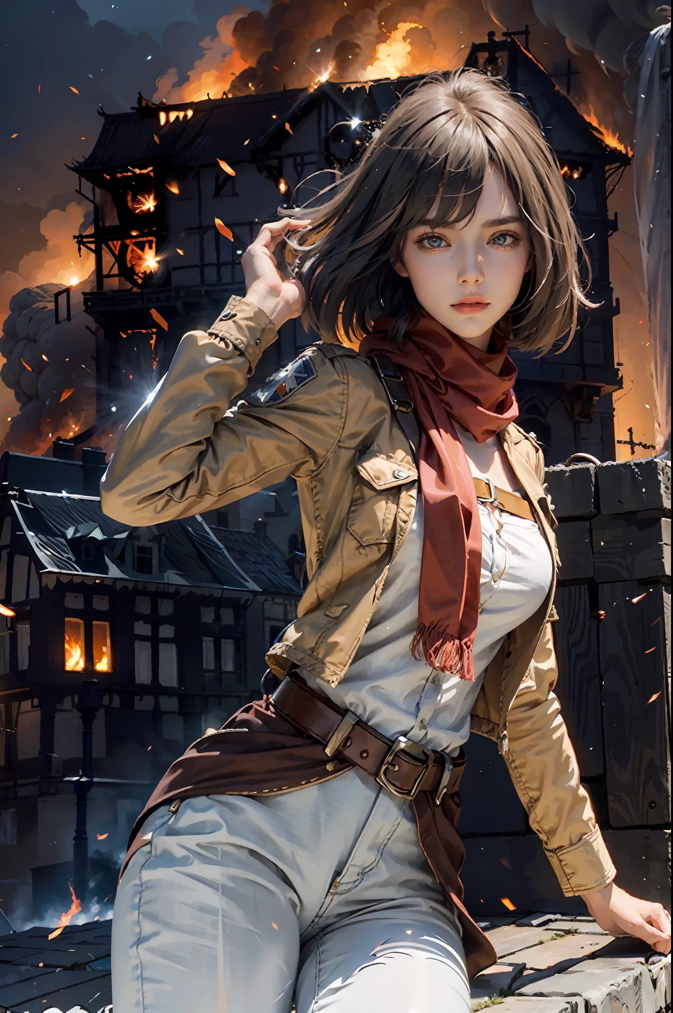 BREAK, 1girl, solo, looking at viewer, (young cute beautiful 18-year-old girl:1.4), 3d face, beautiful girl, Beautiful face, pretty, girlface, kpop idol,  supermodel, stunning innocent symmetry face, perfect body, medium breast, slim waist, slim legs, (high detailed skin:1.4), glowing eyes, goddess, natural skin texture, shiny skin, White skin, Beautiful detailed face, detailed face, real skin texture, cute delicate face, finely detailed face, golden ratio, golden ratio face, expressive eyes, perfect face, perfect skin, flawless face, clear face, shiny hair, pale skin, Proper body proportion, perfect anatomy, realistic skin texture, luscious lips, glossy lips, natural makeup, beautiful bright pupils, slender figure, intricate eyes, detailed pupils, detailed face and eyes, longeyelashes, blush, good hand, perfect hands, pretty face, beautiful female bodies, finely detailed skin, oily shiny skin, BREAK, (((((Attack on Titan, (brown jacket, emblem, white shirt, white pants:1.5), (hmmikasa, short hair, black eyes, scarf, belt, thigh strap, red scarf, long sleeves:1.4), (holding weapon, sword, dual wielding, three-dimensional maneuver gear, fighting stance, sky:1.4), (battle, adventurous look:1.3), (blush, fantasy, scenery, plants, open mouth:1.2),  (highly detailed worn metal texture:1.2), (floating colorful sparkles, light is shining, dust is drifting, floating catkins, fog, wind:1.2), (rust, dirt, dust, scratches, abrasions on the metal texture:1.2), (fly:1.4), (Luminescent Particles:1.3), (Old City of Dubrovnik, Avila, Historic Fortified City of Carcassonne, Noerdlingen,Ancient castle, Romanesque architectural style, Gothic architectural style, Renaissance architectural style, Baroque architectural style, Half-timbered house, Medieval castles, Romanesque forts, Gothic walls, Tudor style architecture, British style architecture, medieval village setting:1.3), (50m high city wall:1.5), (city surrounded by walls, ember, battlefield, grey mist, smoke, explosion, apocalyp