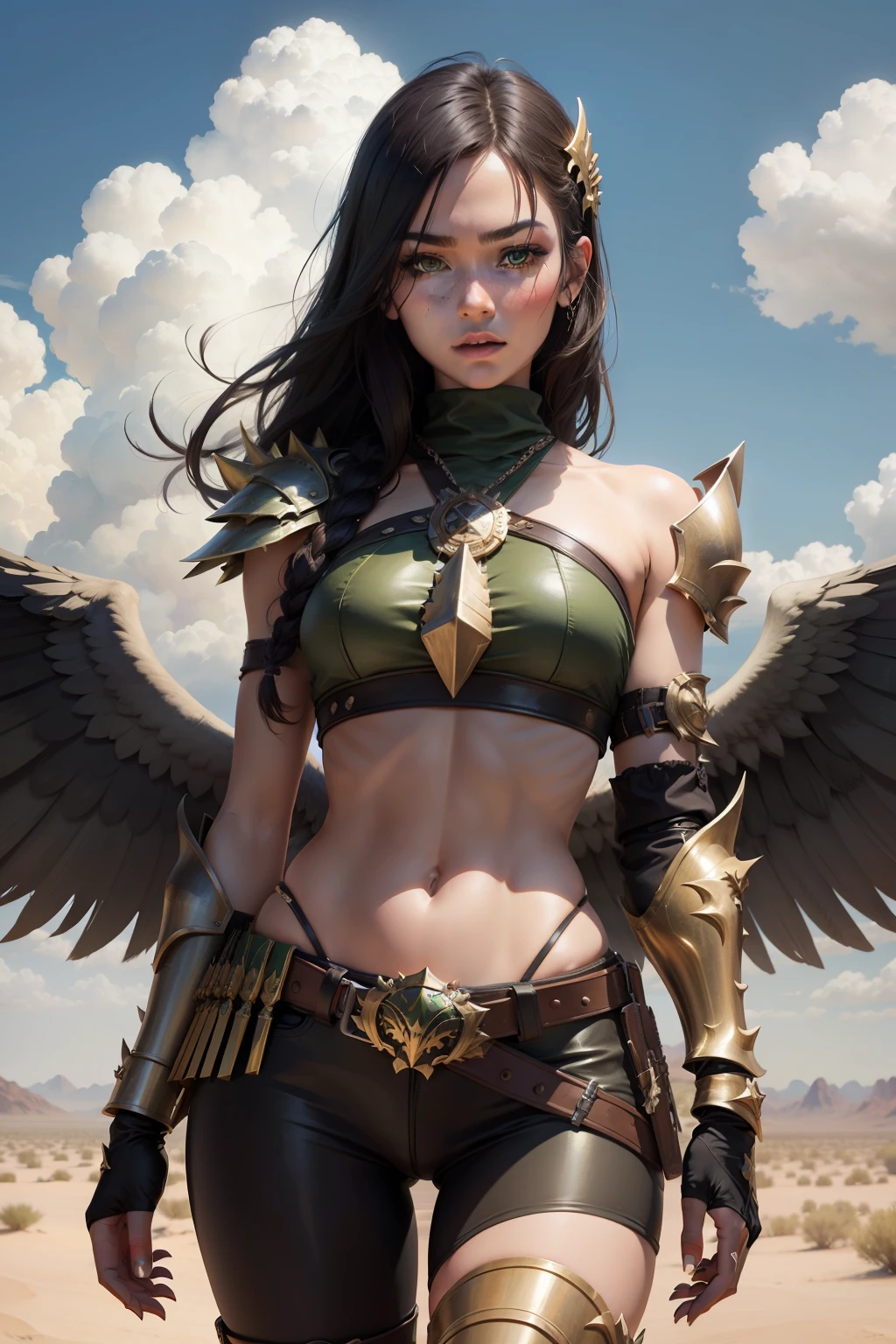(cowboy shot), (masterpiece), (best quality:1.0), (ultra highres:1.0), highly detailed face and eyes,
BREAK
ShayeraDC, green eyes, mask, metal wings, wings, holding weapon, large spiked mace
green and gold crop top, shoulder pauldron, gauntlets, pantyhose, midriff, belt,
BREAK
desert, clouds
