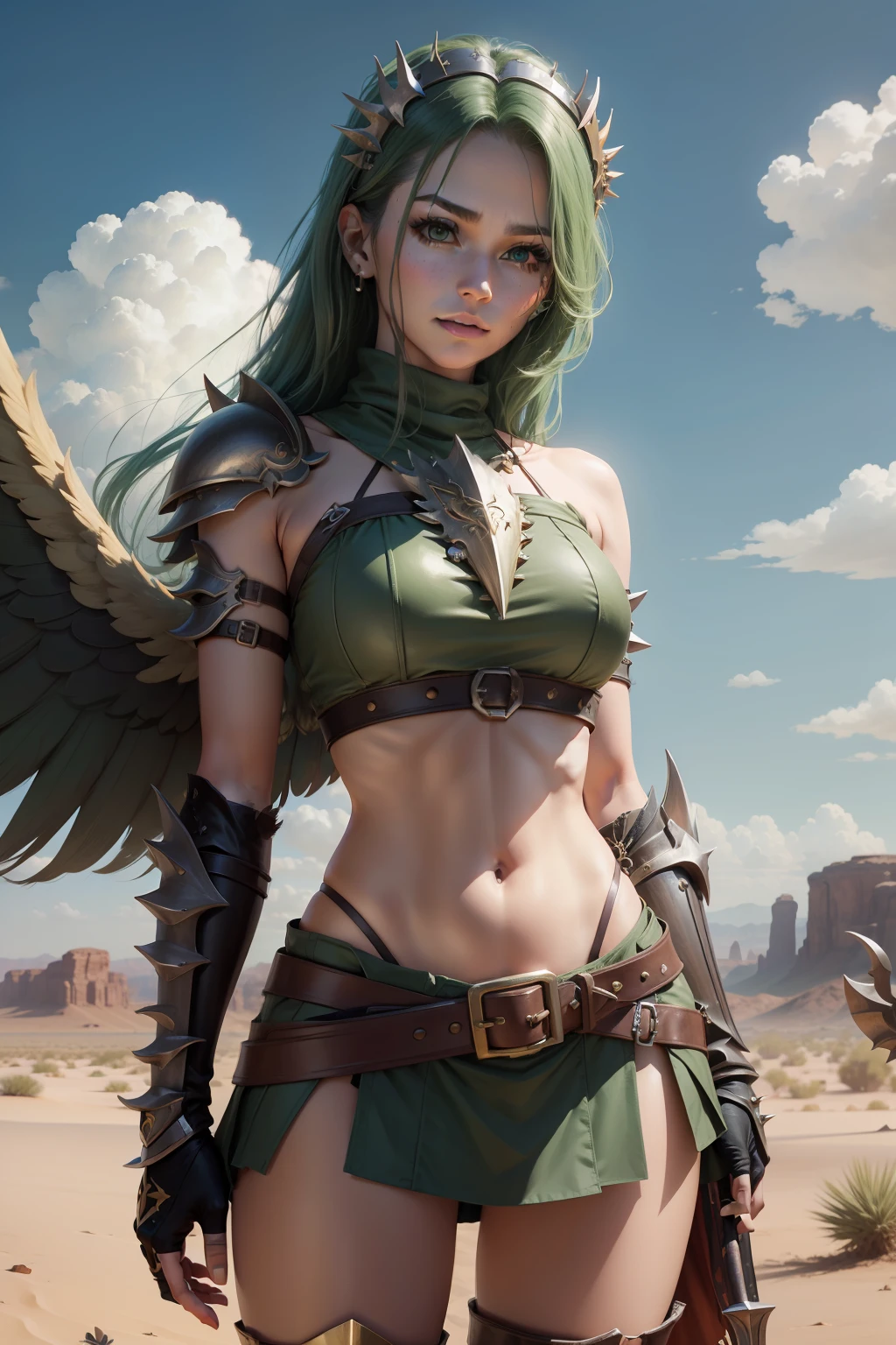 (cowboy shot), (masterpiece), (best quality:1.0), (ultra highres:1.0), highly detailed face and eyes,
BREAK
ShayeraDC, green eyes, mask, metal wings, wings, holding weapon, large spiked mace
green and gold crop top, shoulder pauldron, gauntlets, pantyhose, midriff, belt, 
BREAK
desert, clouds